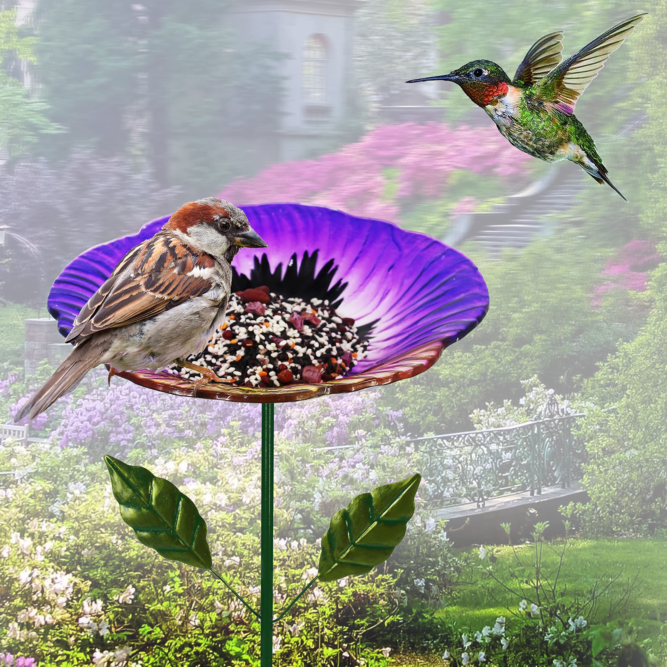 Glas-Vogeltränke für den Außenbereich, Garten, Vogeltränke, Vogelfutterspender, Hortensien-Dekor, Vogelfutterspender mit Metallpfahl für Garten, Hof, Rasen, Hof