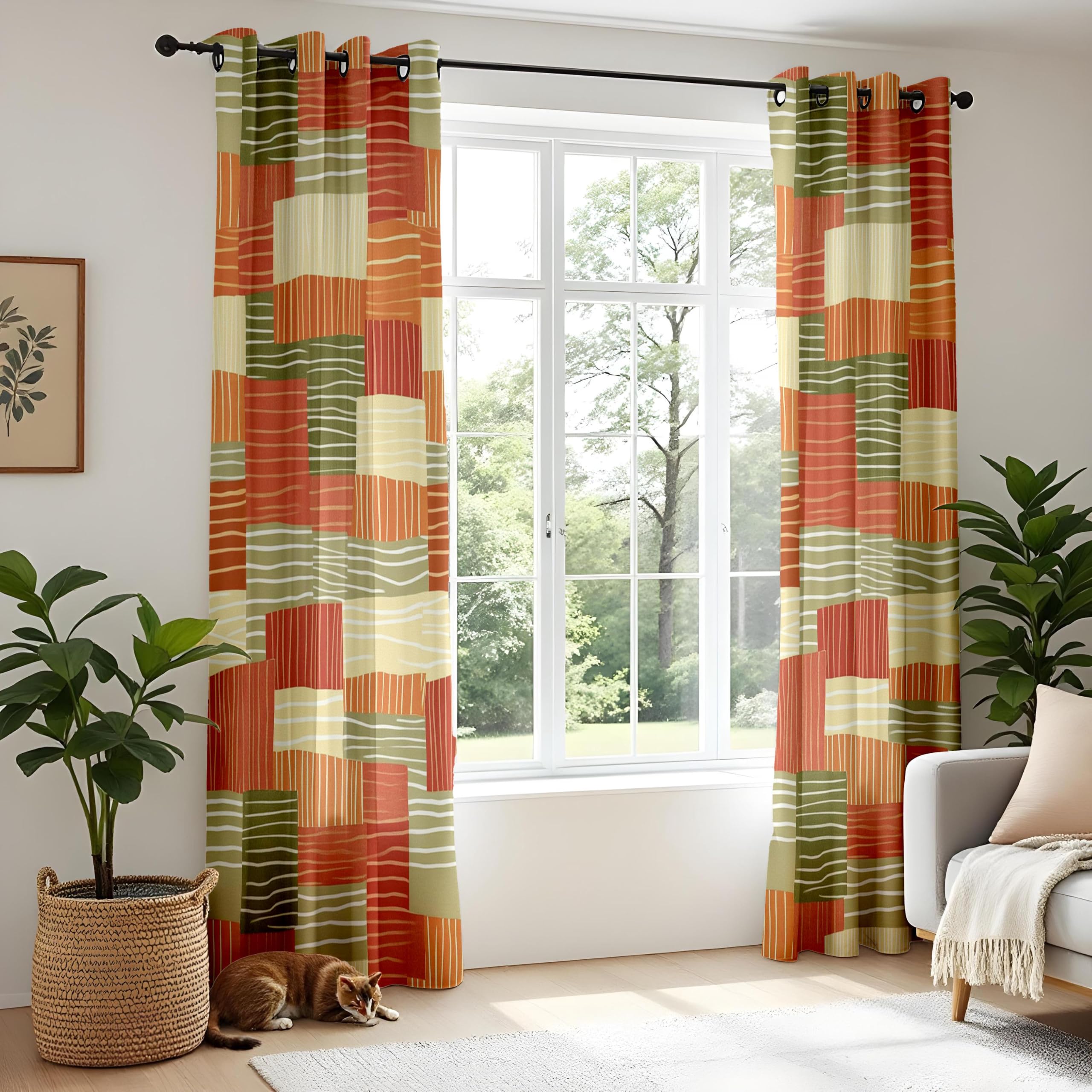 Rideaux occultants à Blocs de Couleur Vert Terracotta pour Chambre, Rideaux Patchwork Abstraits Style Milieu du siècle, Salon bohème rétro (L x H / 2 x 175 x 260 cm)