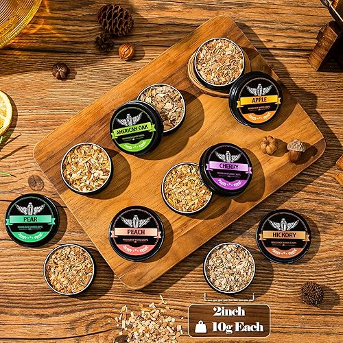 Miniatura 6 de Whiskey Smoker Wood Chips, 6 Flavors Apple Cherry Oak Pear Peach Hickory, Natural Chips for Cocktails, Old Fashioned, Bourbon, Drinks, Food,Bar