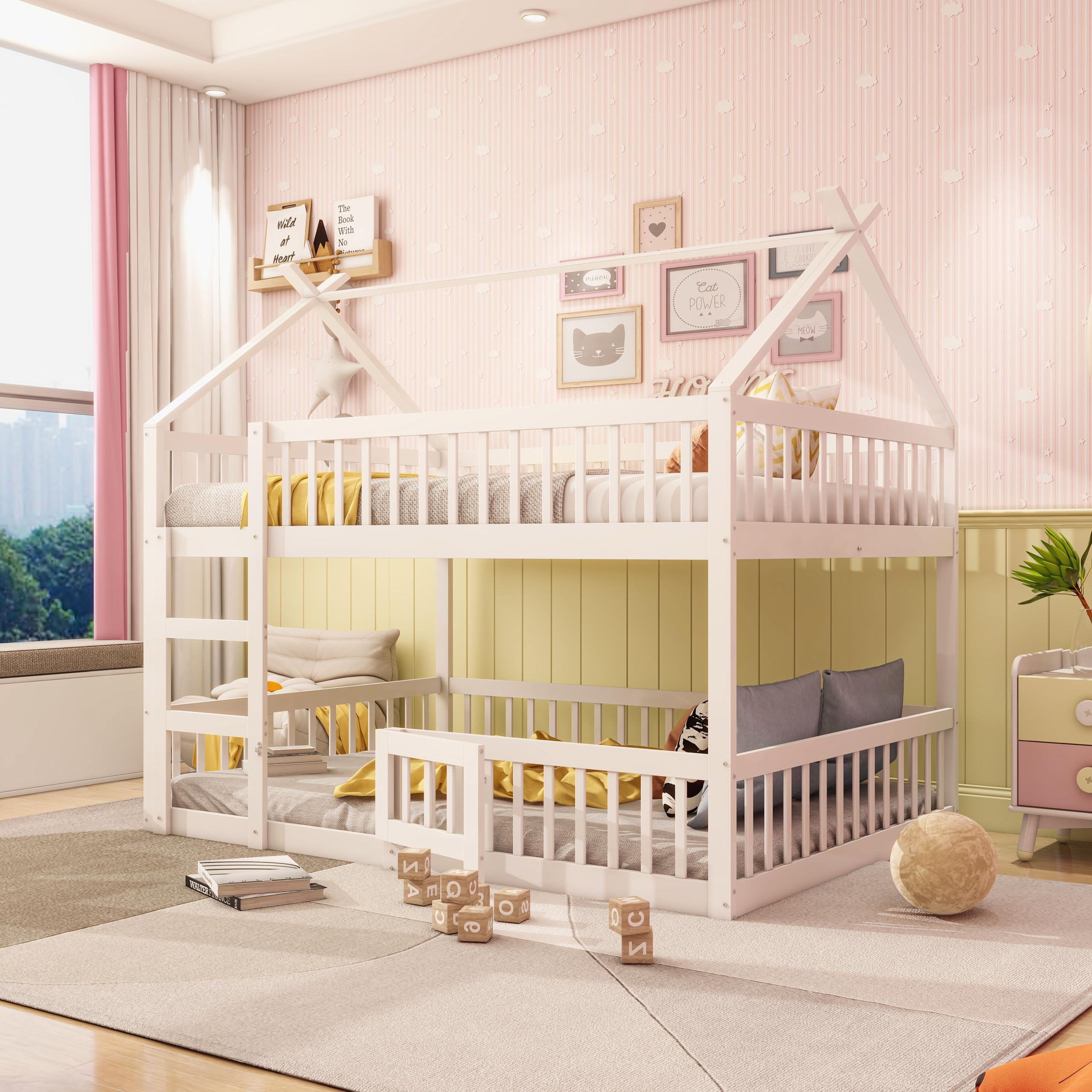 YESGIGA Litera infantil de 90 x 200 cm, con escalera, diseño loft, marco de madera maciza (blanco, 90 x 200 cm)