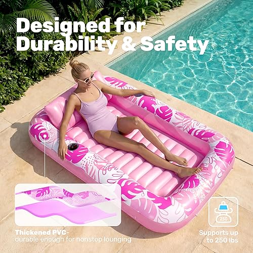 Miniatura 5 de SLOOSH Flotador inflable para tumbona de piscina, 70 x 46 pulgadas, flotadores de piscina para adultos con almohada, flotador 4 en 1 para balsa