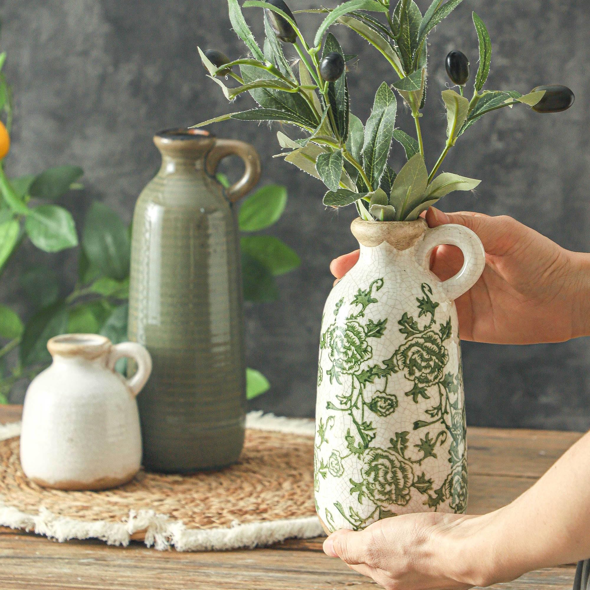 Vintage-Vasen-Set mit Griff, Keramik, rustikale Vasen, Heimdekoration, Bauernhaus, dekorative Vase, Keramik, modern, für Tisch, Kaminsims, Eingangsbereich, Bücherregal, Wohnzimmer, Küche, Schlafzimmer