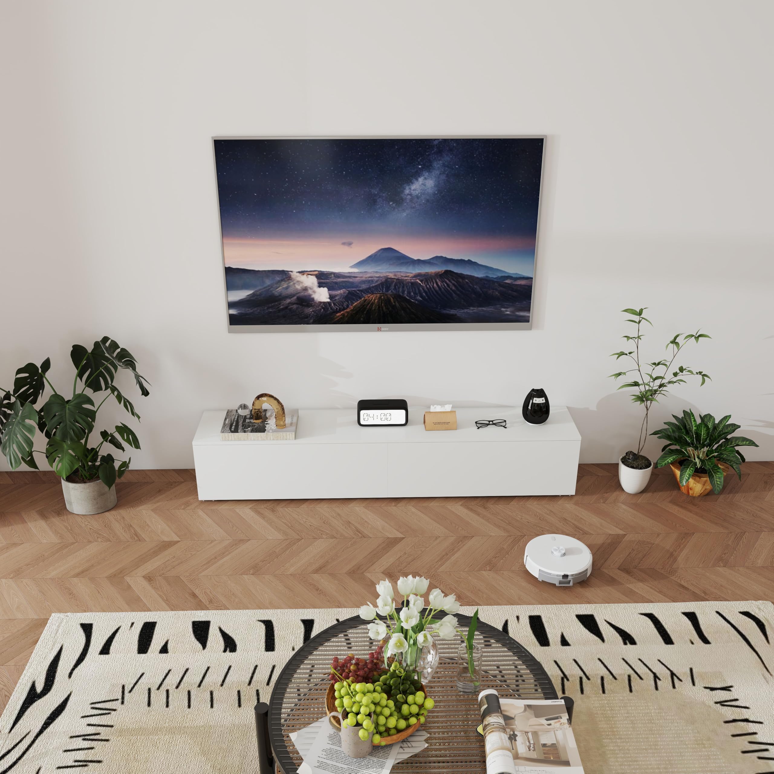 Lowboard mit Fächern, TV Board für Wohnzimmer, Sideboard Weiss, Moderne TV Lowboard, Lowboard Hängend