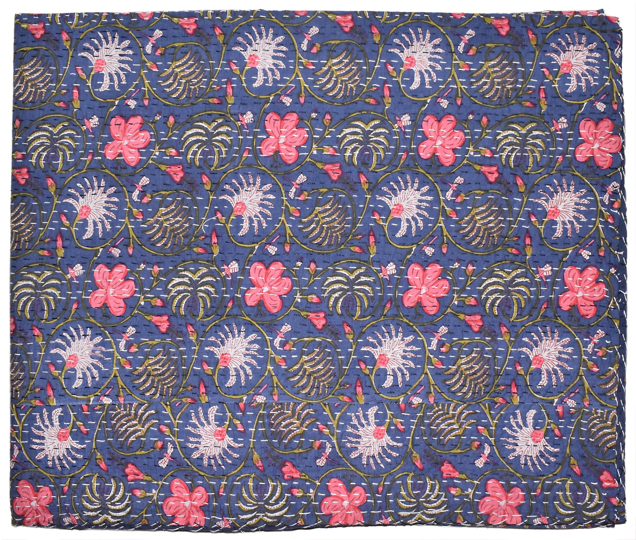 Handicrafts Plus New Indian Cotton King Size Kantha Quilt Beautiful Navy Blue Color Bedding Bedspread Handmade Coverlet Floral Print Bedspread 90x108''