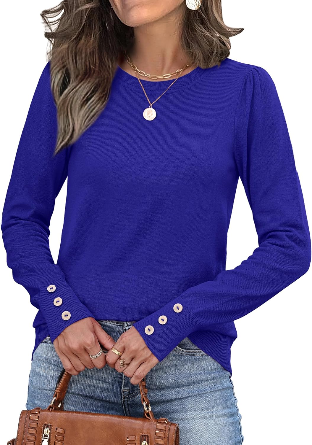 Womens Sweaters Fall Fashion 2025 Long Sleeve Button Cuff Soft Knit Pullover Trendy Tops Dressy Casual Blouses - Image 2