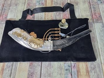 Kudu Shofar Anointing Oil Horn Set - Silver Plated Lion of Judah Design - 16-20" No Sound - Includes Bag & Oil Bottle