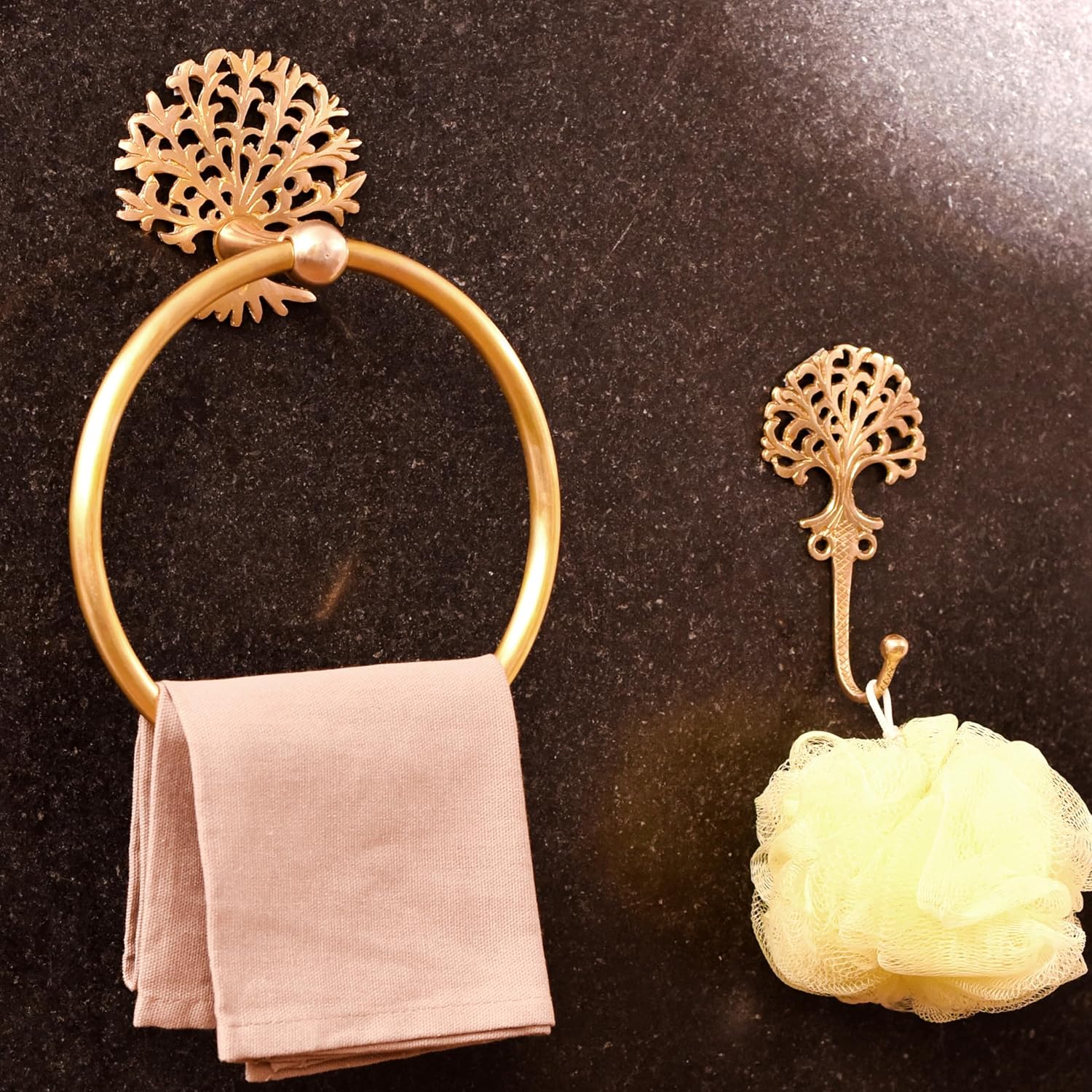 IndianShelf Premium 2 Pieces Tree Brass Towel Ring- Antique Gold Towel Ring- Gold Hand Towel Holder for Bathroom- Tree Bathroom Towel Hook- Vintage Wall Hooks- Decorative Wall Mounted Hooks