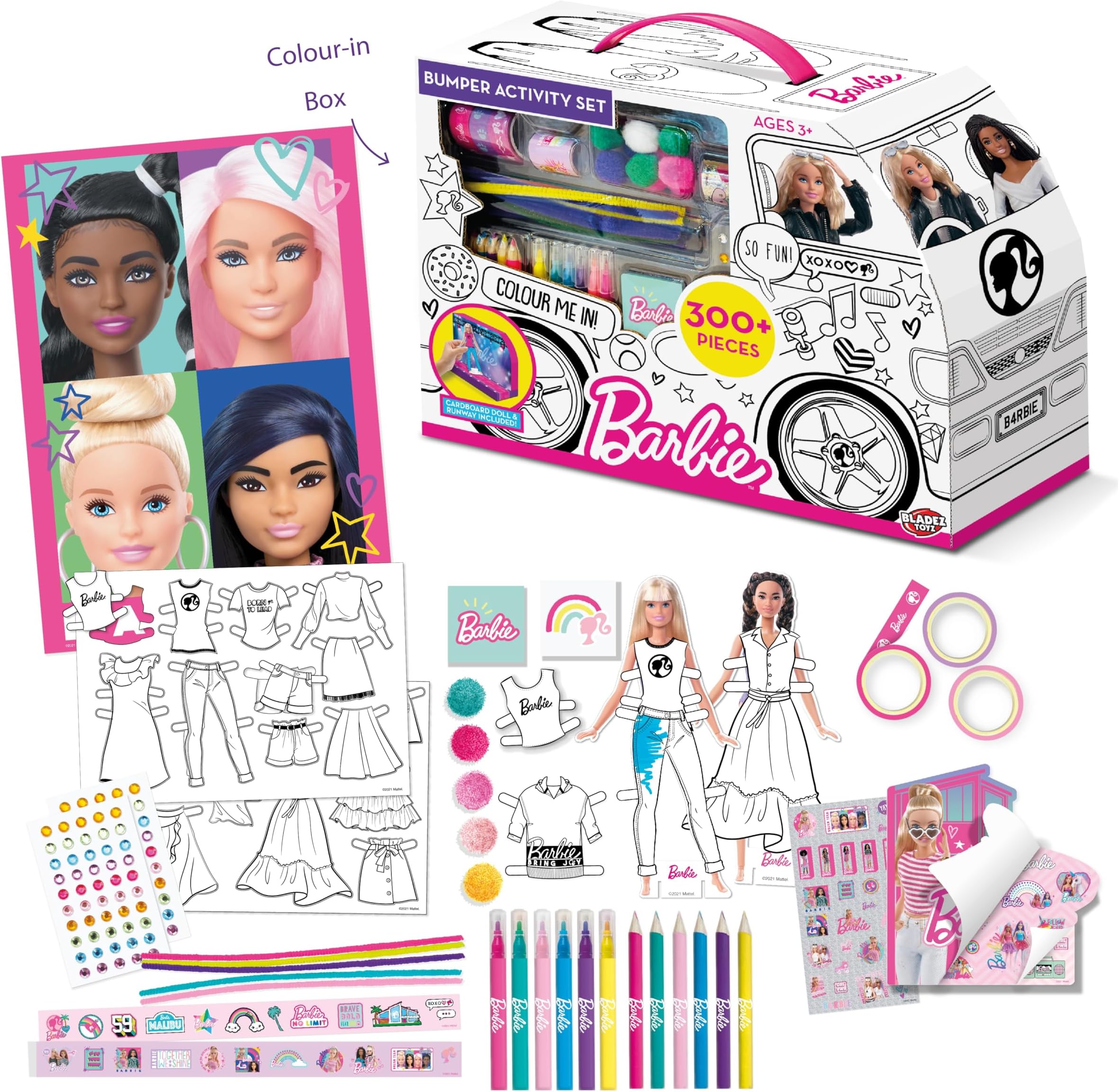 BLADEZ Barbie Bumper Activity Set, Arts and Crafts, Licensed Stationary Set with pens and Stickers, Colour-in Camper Van, 300+ Pieces, Creative Maker Kitz Toyz