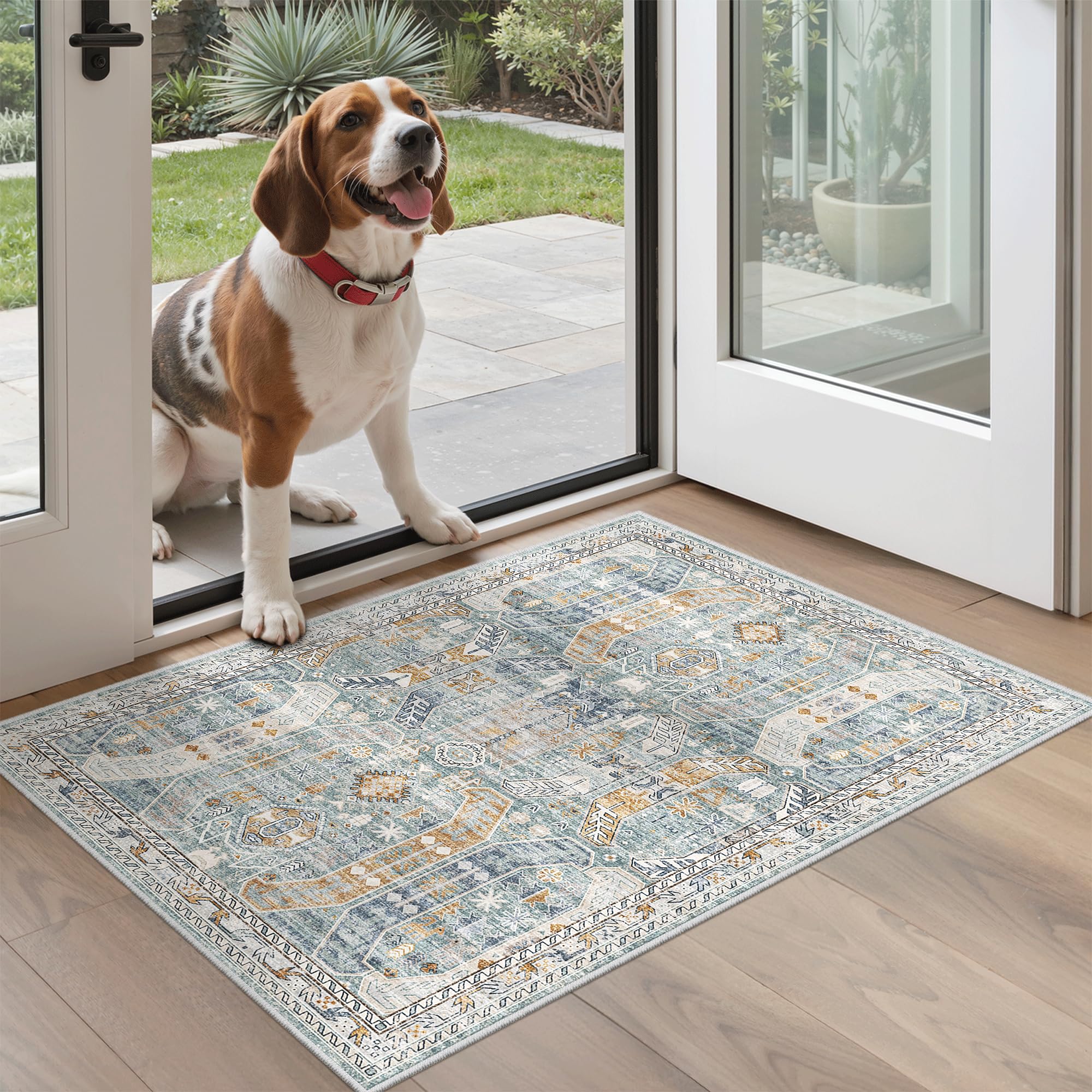Madane Washable Area Rug 2x3 Small Entryway Rugs Non-Slip, Blue/Gold | Vintage Stain-Resistant Door Mat Indoor Entrance, Low Pile Floor Carpet for Inside Front Bedroom Kitchen Entry Laundry, Stair
