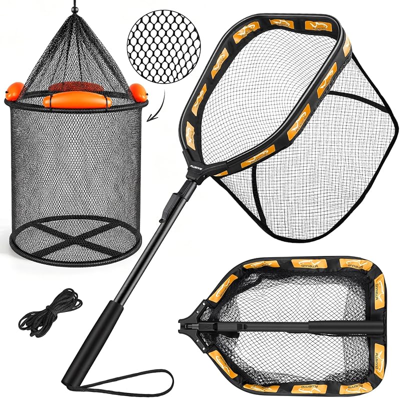 PLUSINNO Fishing Net with Floating Fish Basket, Kayak Fishing Accessories | Kayak Fishing Gear Kit with Foldable Fish Landing Net & 8.6Gal Collapsible Minnow Bucket for Bass, Catfish and Crappie