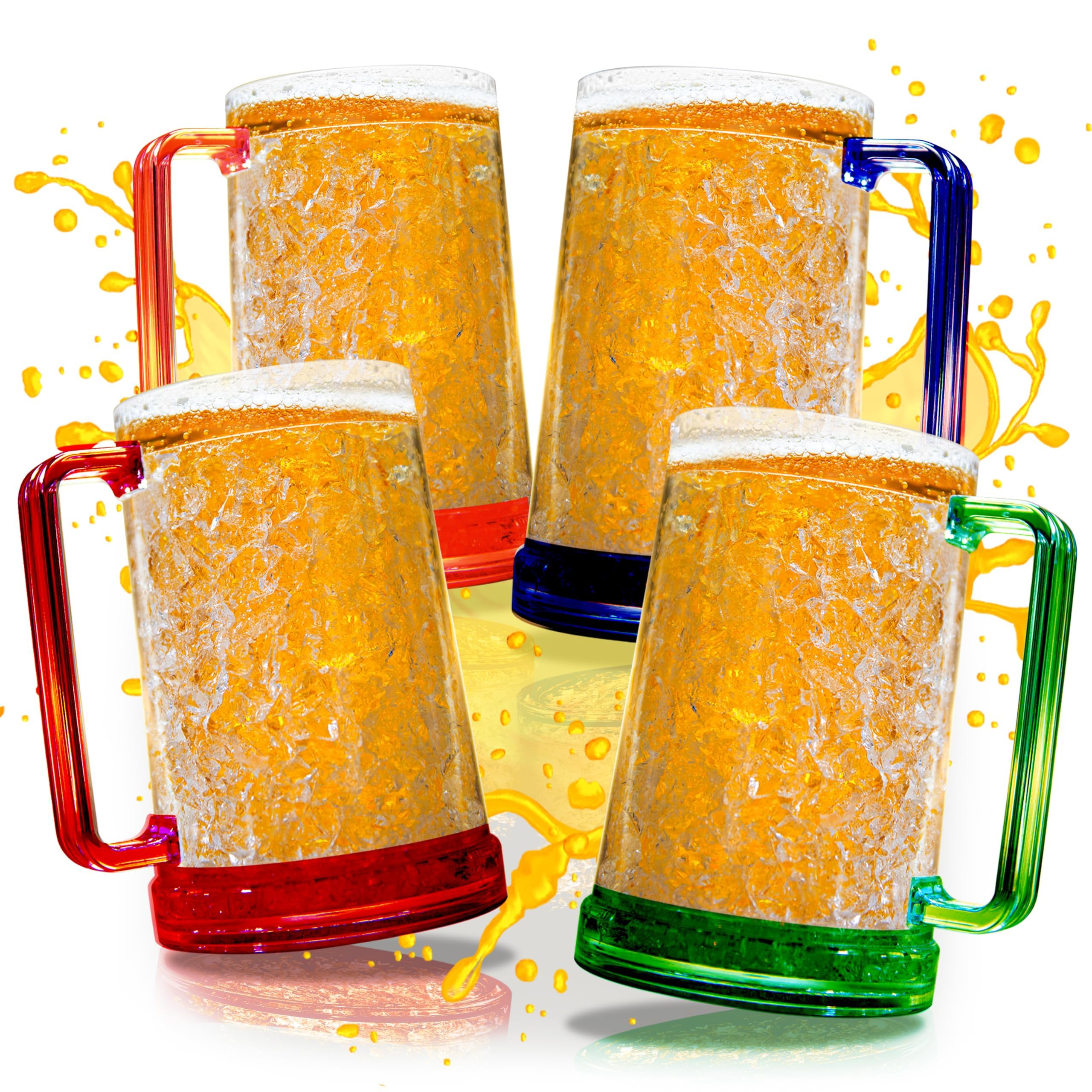 THE WHITE SHOP 4 PCS Freezer Beer Mugs, 15oz Double Wall Insulated Mug with Gel, Plastic Mugs with Handles, Freezer Mug for Beer, Clear Double Wall Gel Freezer Mugs for BBQs and Parties
