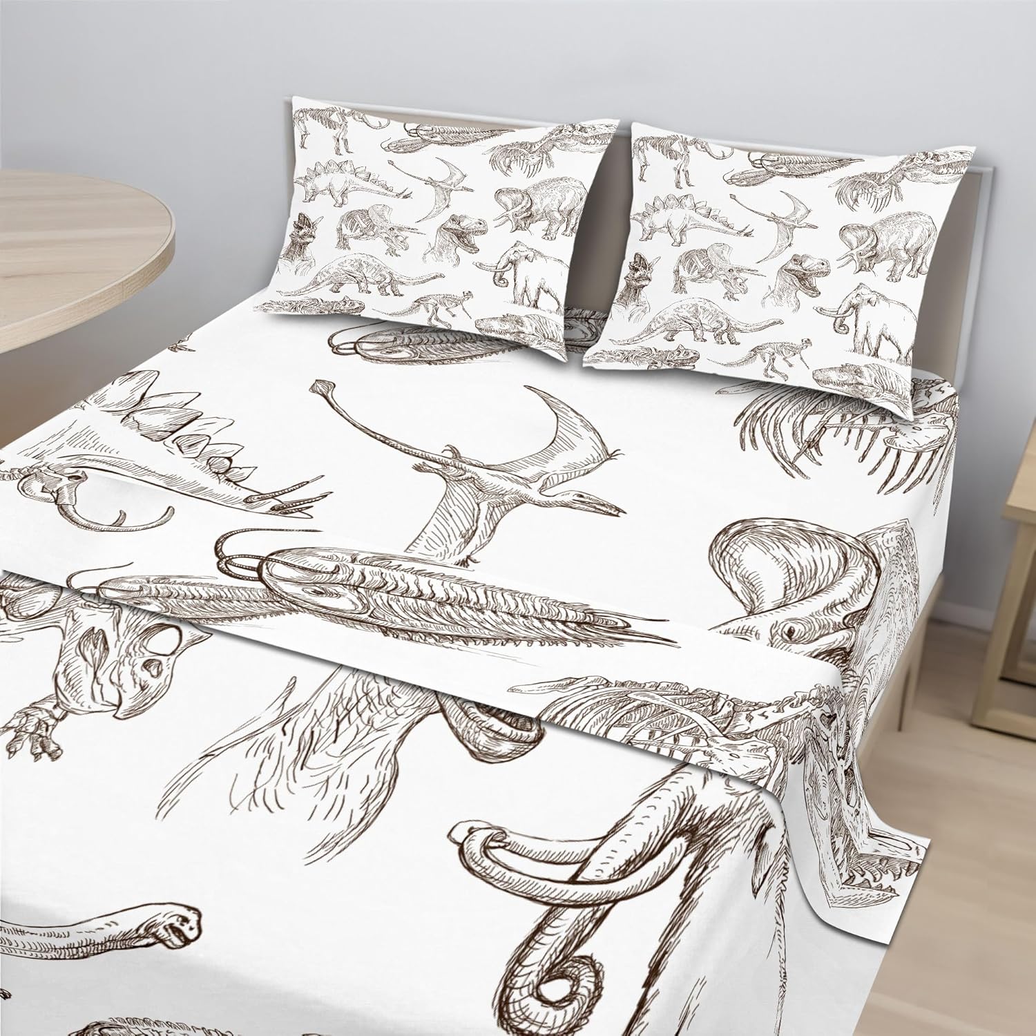 Ambesonne Jurassic Sheet Set, Arrangement of Various Dinosaurs Illustrations Skeleton Biology Historic, Fitted and Flat Sheet with Pillowcases Bedding Accent 4 Piece Set, Full, Dark Brown White