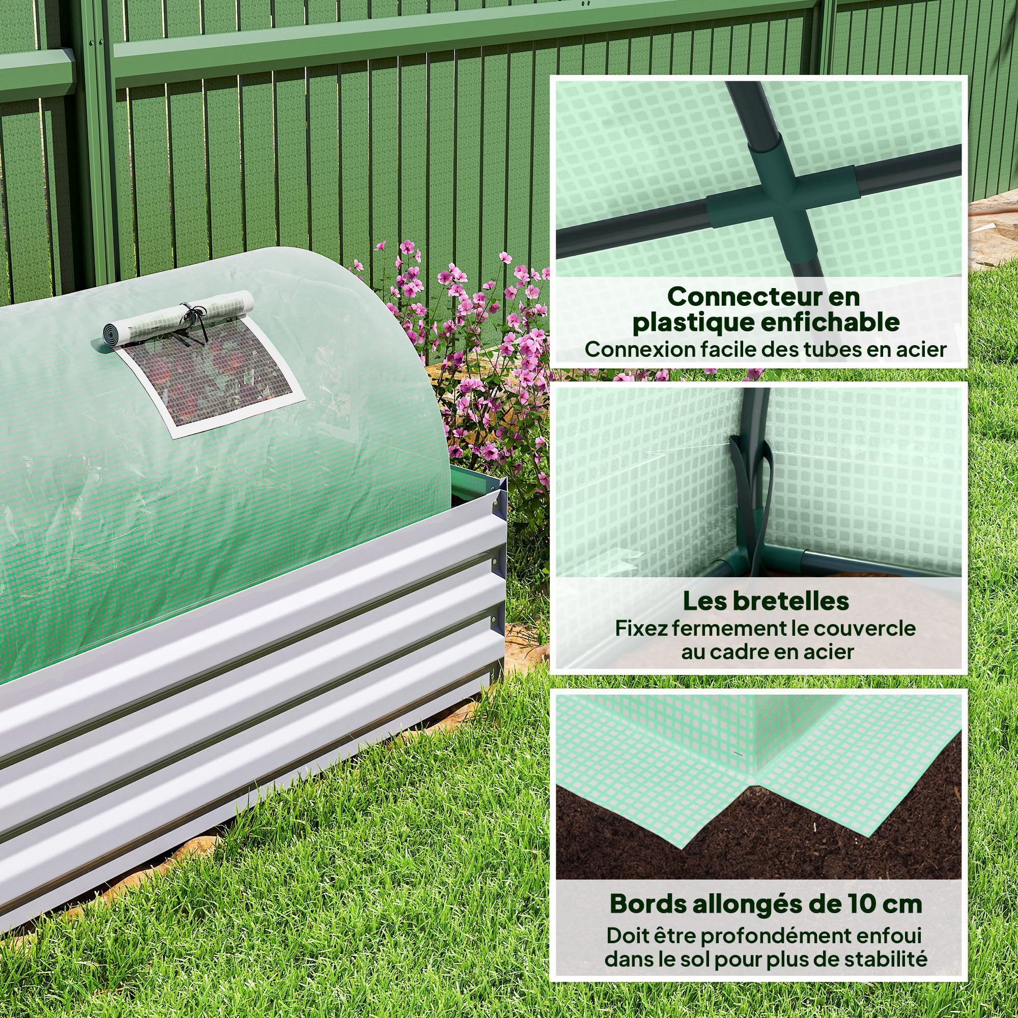 Outsunny Mini Serre de Jardin Mini Serre Tunnel à tomates 300 x 80 x 45 cm Acier PE Haute densité 140 g/m² Anti-UV 5 Portes en Filet enroulables Vert