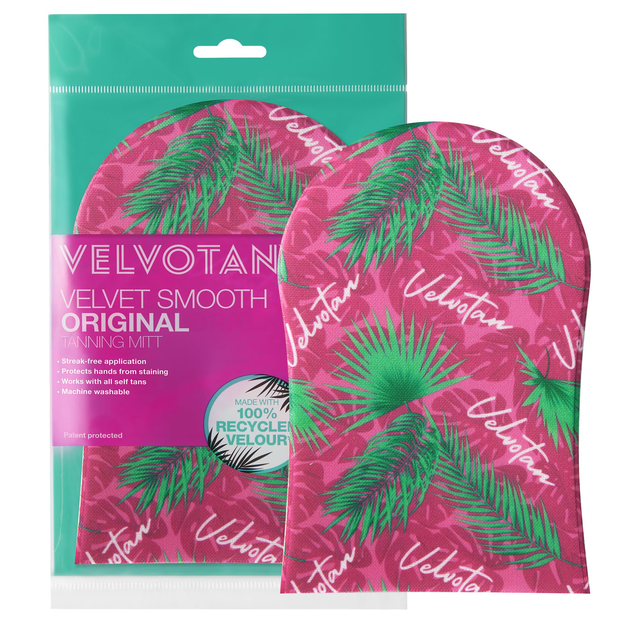 VELVOTAN Original Tanning Mitt (Palm Paradise) Self Tan Mitt for Streak-Free Finish & Stain-Free Hands, Washable & Reusable, Use with Any Fake Tan