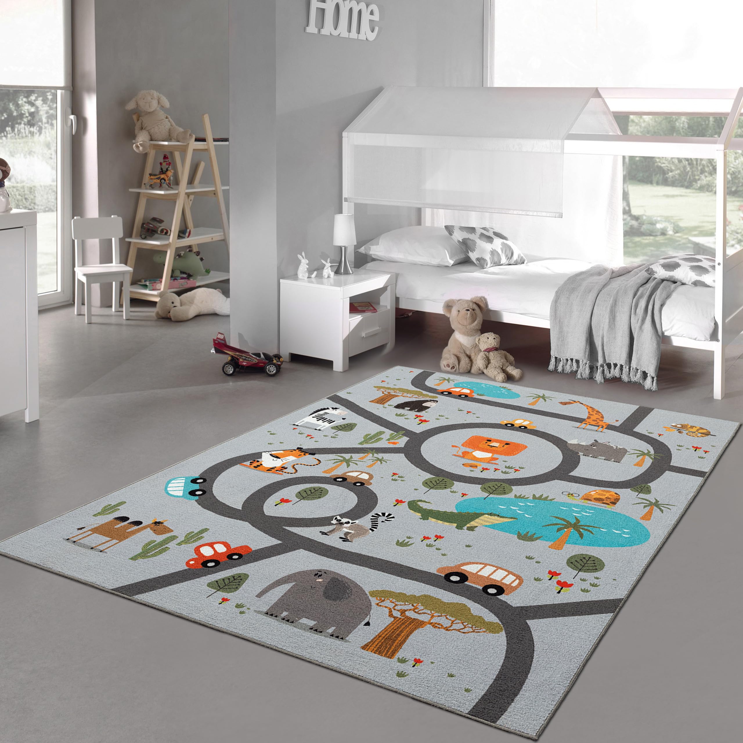 Teppich-Traum Alfombra Infantil Alfombra Habitación Infantil Lavable Antideslizante Alfombra de Juego Safari Calles Coches Animales Antideslizante Gris 120 x 160 cm