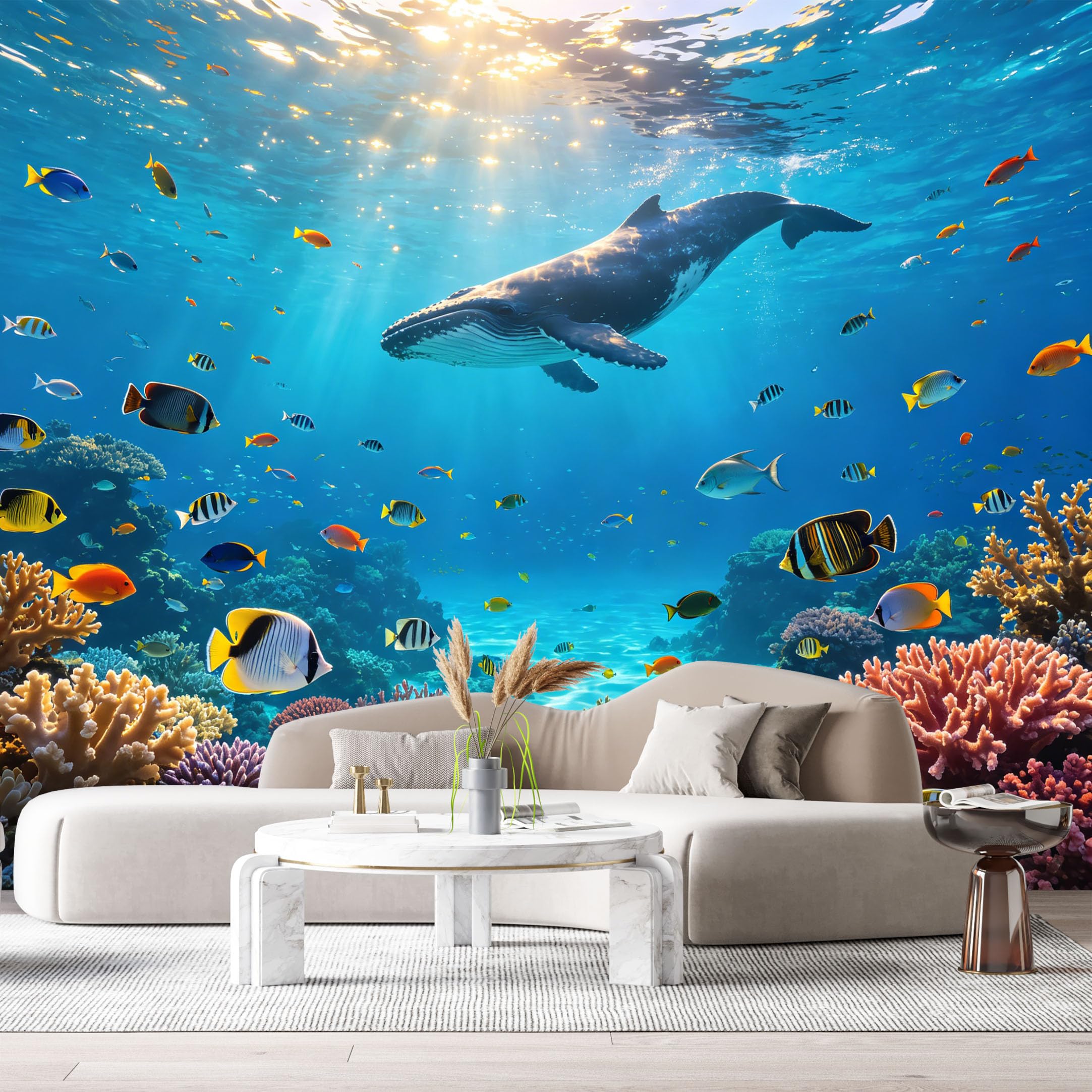 Custom Size Wall Murals Ocean Marine 3D Humpback Whale Tropical Coral Reef SelfAdhesiveWall Fabric Removable Wallpaper Wall Decor for Living Room Bedroom Bathroom