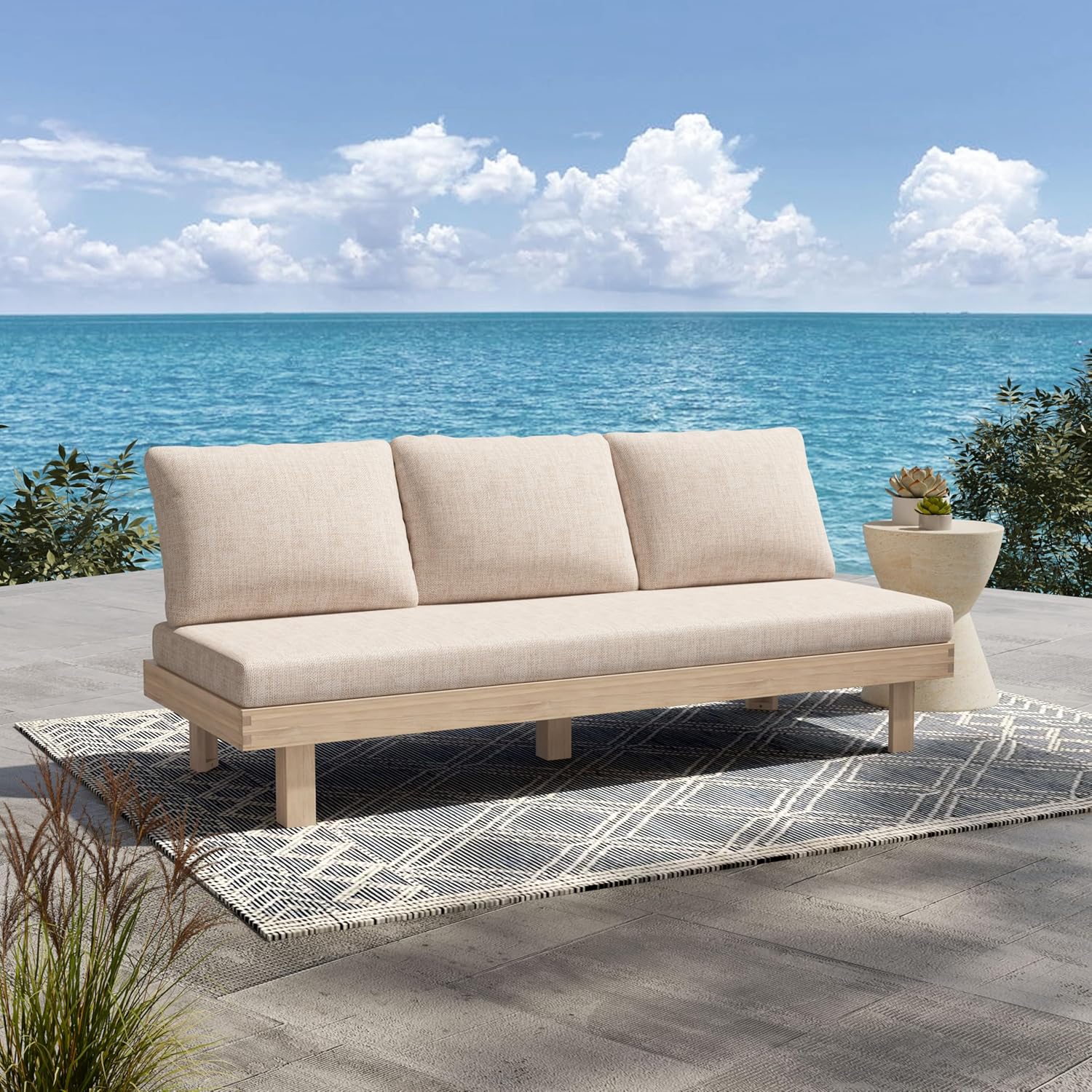 Christopher Knight Home Topia Acacia Wood Outdoor 3 Seater Sofa with Cushion, Wooden Patio Sofa Couch with Cushion, Comfy Armless Cloud Sofa Couch, Patio Furniture Sofa Set, Light Wash+Beige