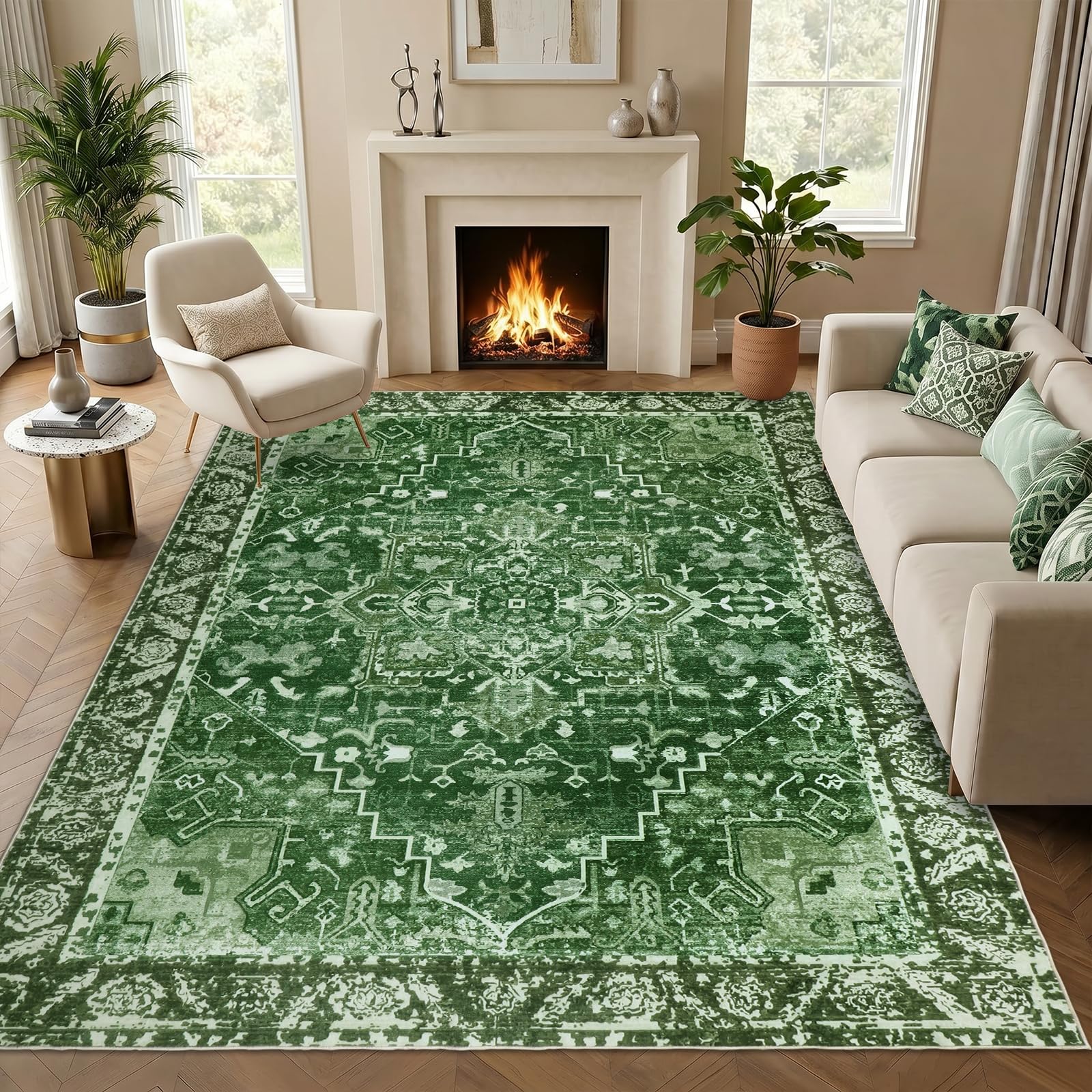 Famibay Rugs Living Room 160x230cm Washable Rug Large Area Rugs for Bedroom Green Vintage Boho Carpet Soft Low Pile Non Slip for Living Room Bedroom Dining Room Decor โ image 1