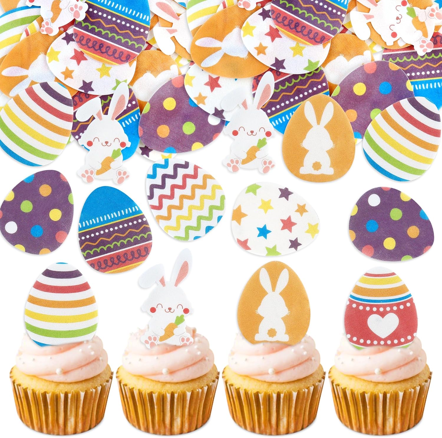 56 Pcs Easter Edible Cupcake Toppers with Bunny Egg Decorations for Birthday, Rabbit Theme Party and Baby Shower Party (Easter Egg)