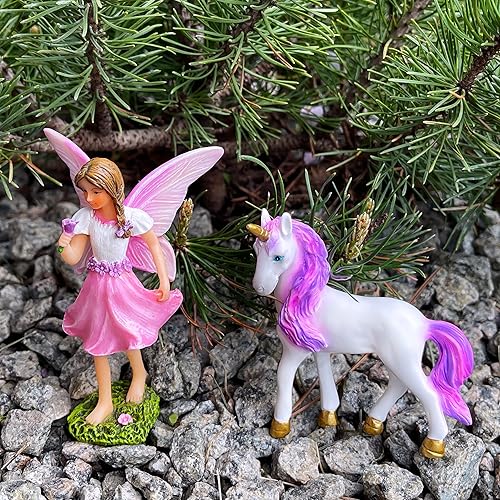 Miniatura 7 de Mood Lab Fairy Garden - Juego de 2 piezas de hadas con unicornio - Kit de estatuas de figuras en miniatura - Decoración para exteriores o casas