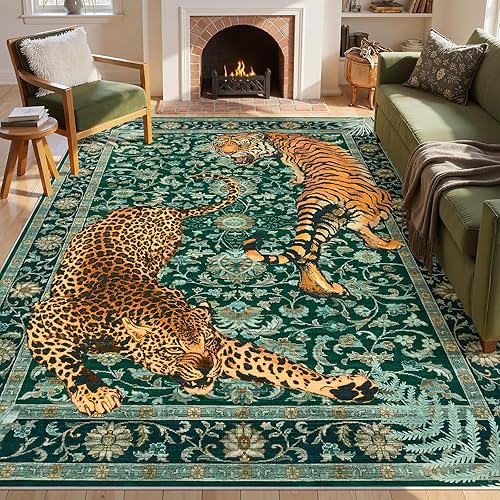 Joydeco Tiger Print Washable 8x10 Rugs for Living Room, Boho Green Cheetah Area Rugs for Bedroom Aesthetic, Large Vintage Non Slip Throw Floor Carpet for Dining Room Office Playroom Dorm - 8' x 10' (Rectangular) - Green