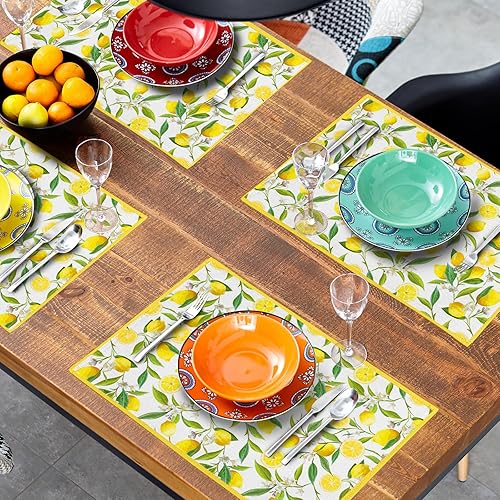 Miniatura 8 de Juego de 4 manteles individuales de limón, color amarillo con frutas y flores, antideslizantes, resistentes al calor, lavables, manteles