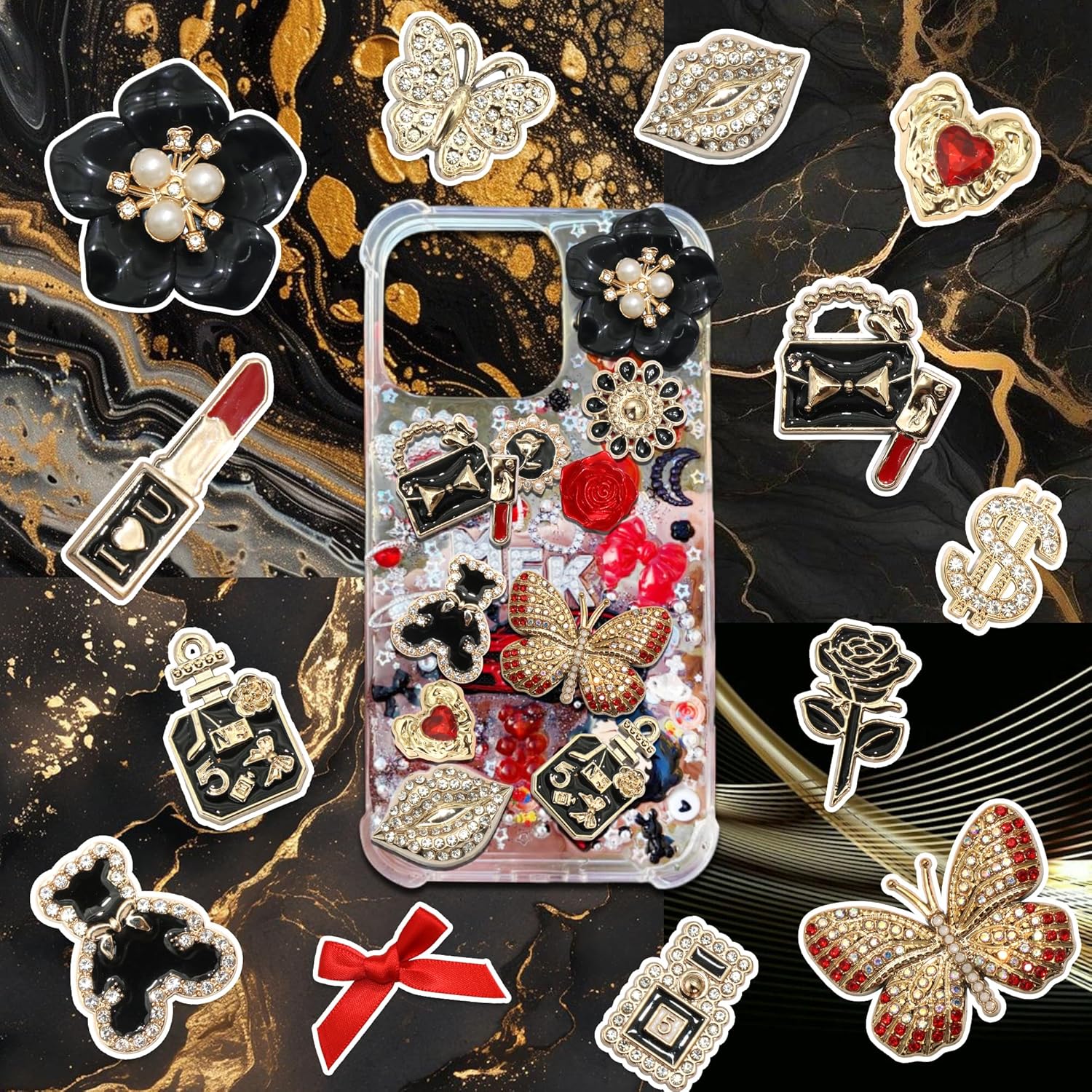 BELICEY Junk Case Charms Red Black Bow Flower Charm for Phone Cases 3D Gold Butterfly Rhinestone Junk Case Kit Elegant Heart Rose Bear Big Charms Customizing DIY Craft Accessories - Image 4