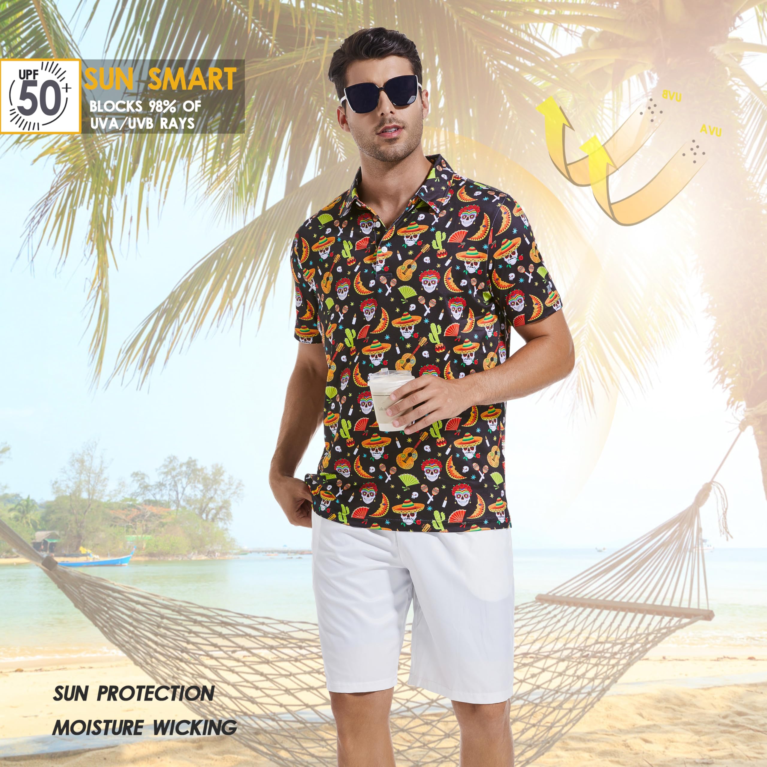 Men's Golf Shirts for Mens Polo Shirts Moisture Wicking Mexican Skeleton Day Dead Skull Holiday Print Collared Mens Golf Polo Shirts Short Sleeve Dry Fit Polo Shirts for Men, 3X-Large