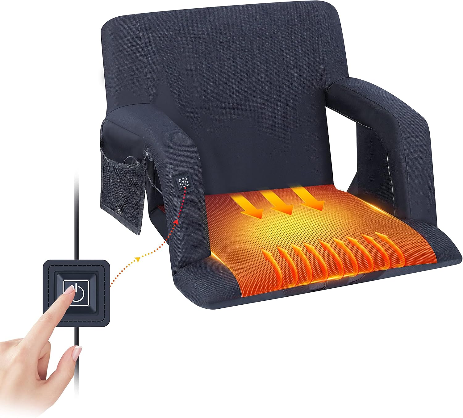 Heated Stadium Seats, 5 Reclining Positions Bleacher Chairs with Padded Armrests, Side Pockets, Waterproof Thick Cushion, W/Zippered Back Holder & Shoulder Straps, NO Power Bank