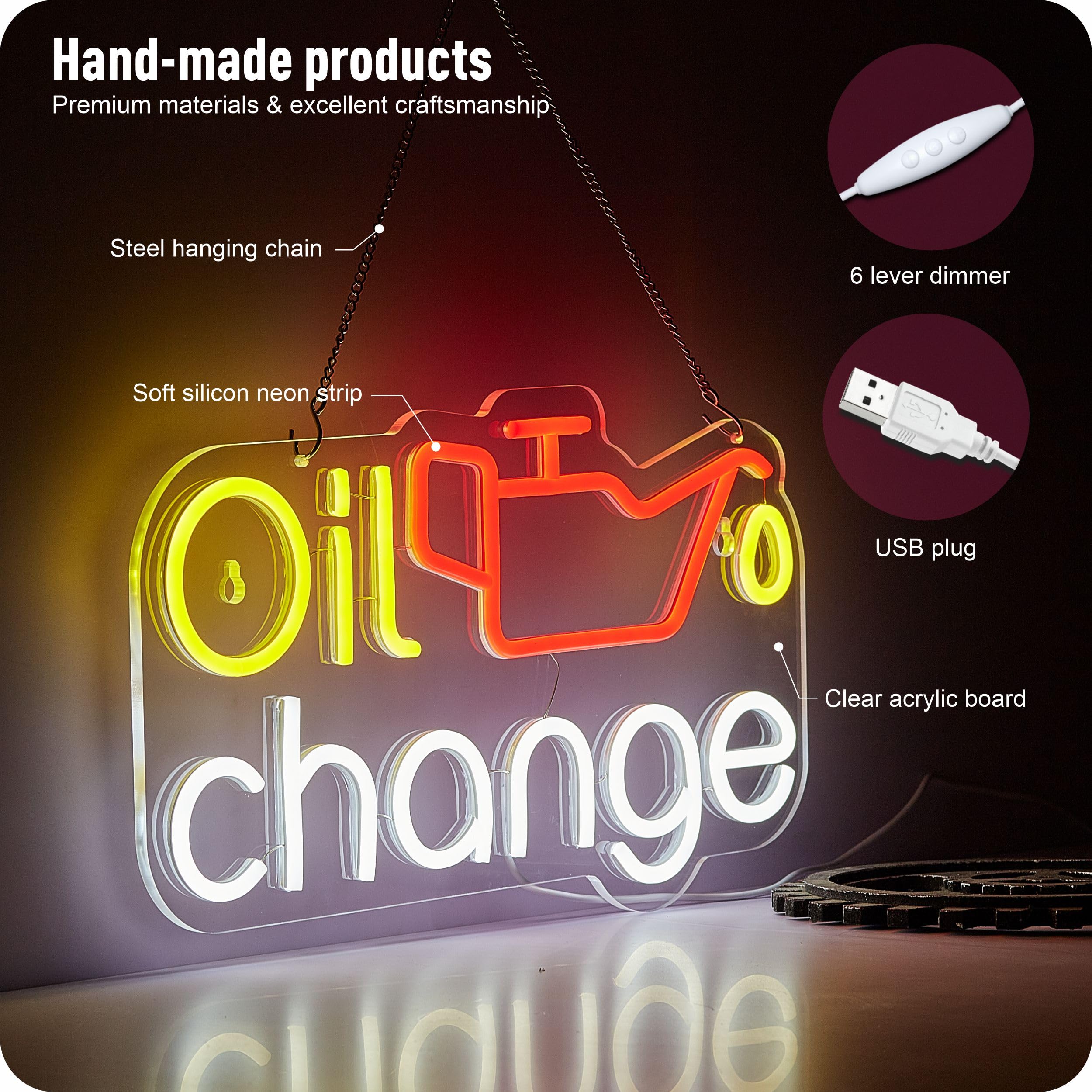 Insegna al neon per auto con cambio olio, per garage, decorazione da parete, auto, officina, garage, accessori con interruttore dimmerabile, alimentazione USB (23,6 x 41,9 cm)
