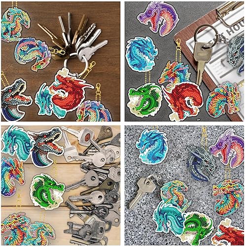 Miniatura 7 de Kit de 12 llaveros de pintura de diamante de dragón para bricolaje, lindos llaveros de pintura de diamante de dragón para principiantes y adultos,