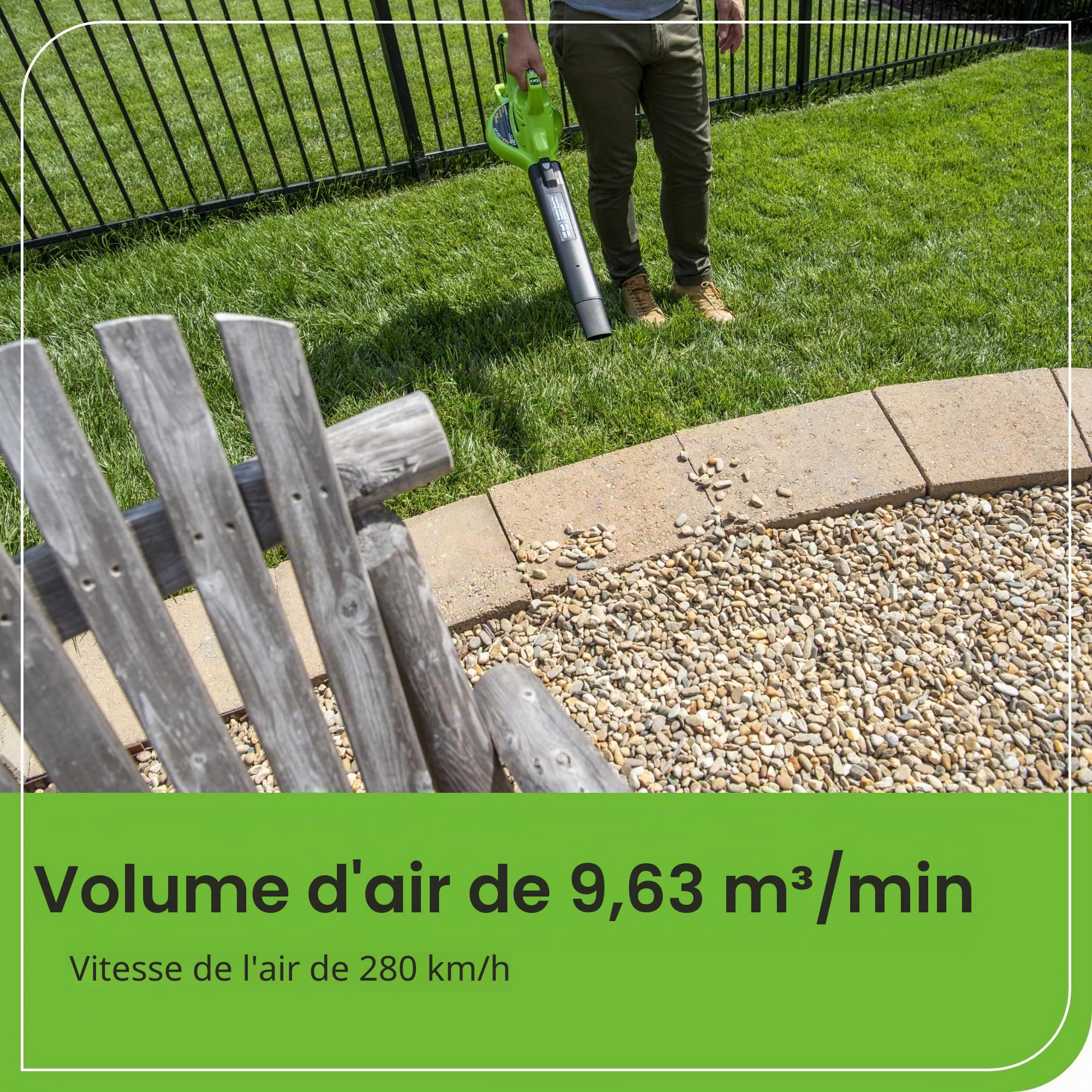 Greenworks GD40BV 40V Aspirateur Souffleur Sans Fil Sans Balais 280 km/h 9,63 m³/min Sac Mulching 45L