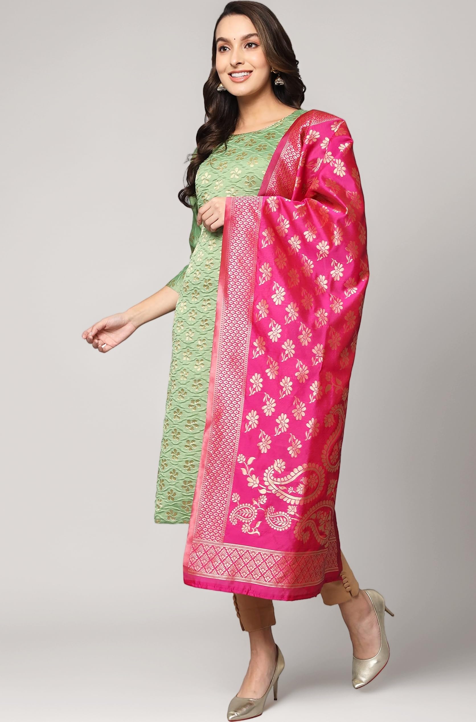 VredeVogel Women's Cotton Silk Blend Straight Kurta With Dupatta with Banarasi Silk Dupatta