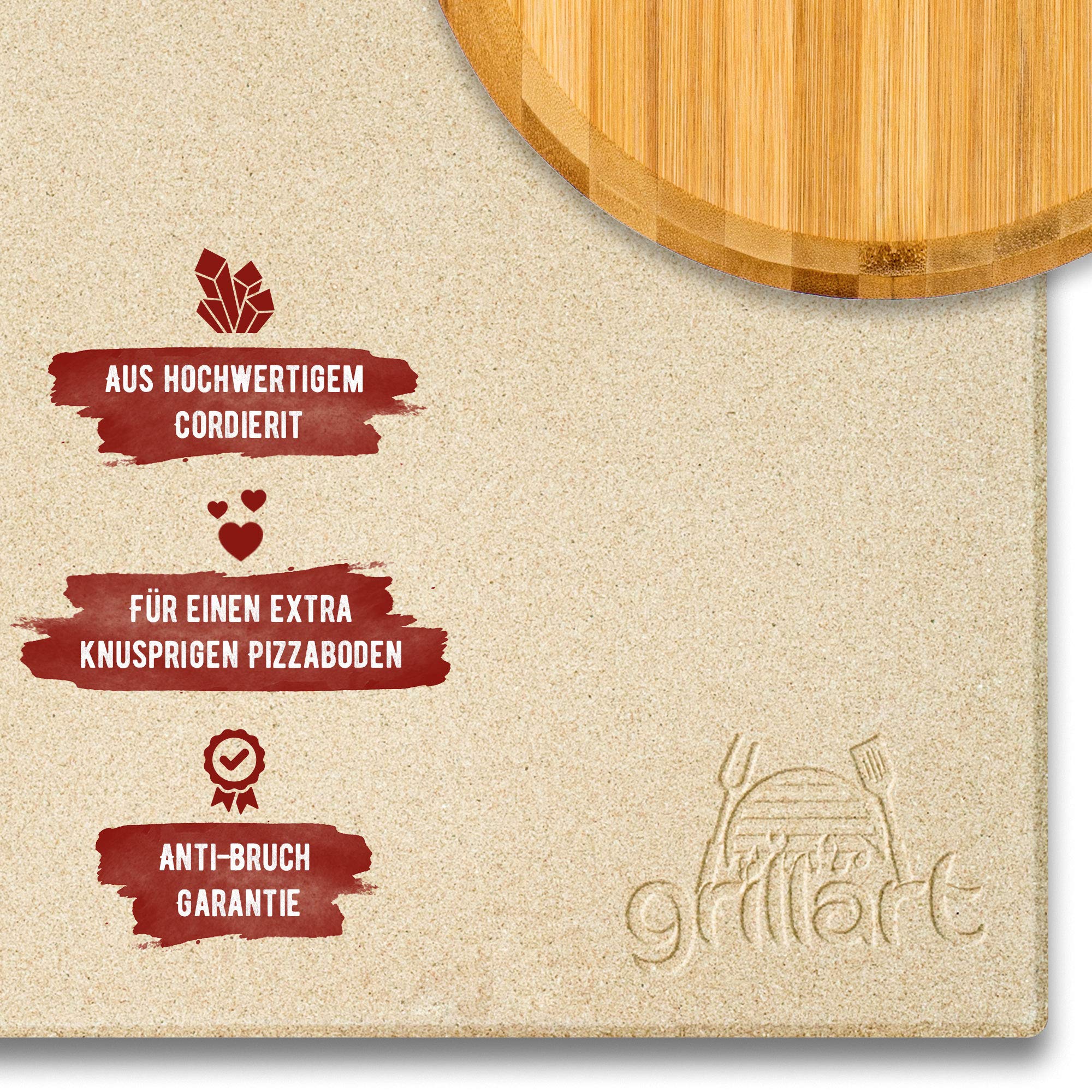 grillart® Kamień do pizzy premium do grilla gazowego, grilla na węgiel drzewny i piekarnika w zestawie – wysokiej jakości kamień do pizzy, prostokątny, łącznie z łopatką do pizzy i książką z