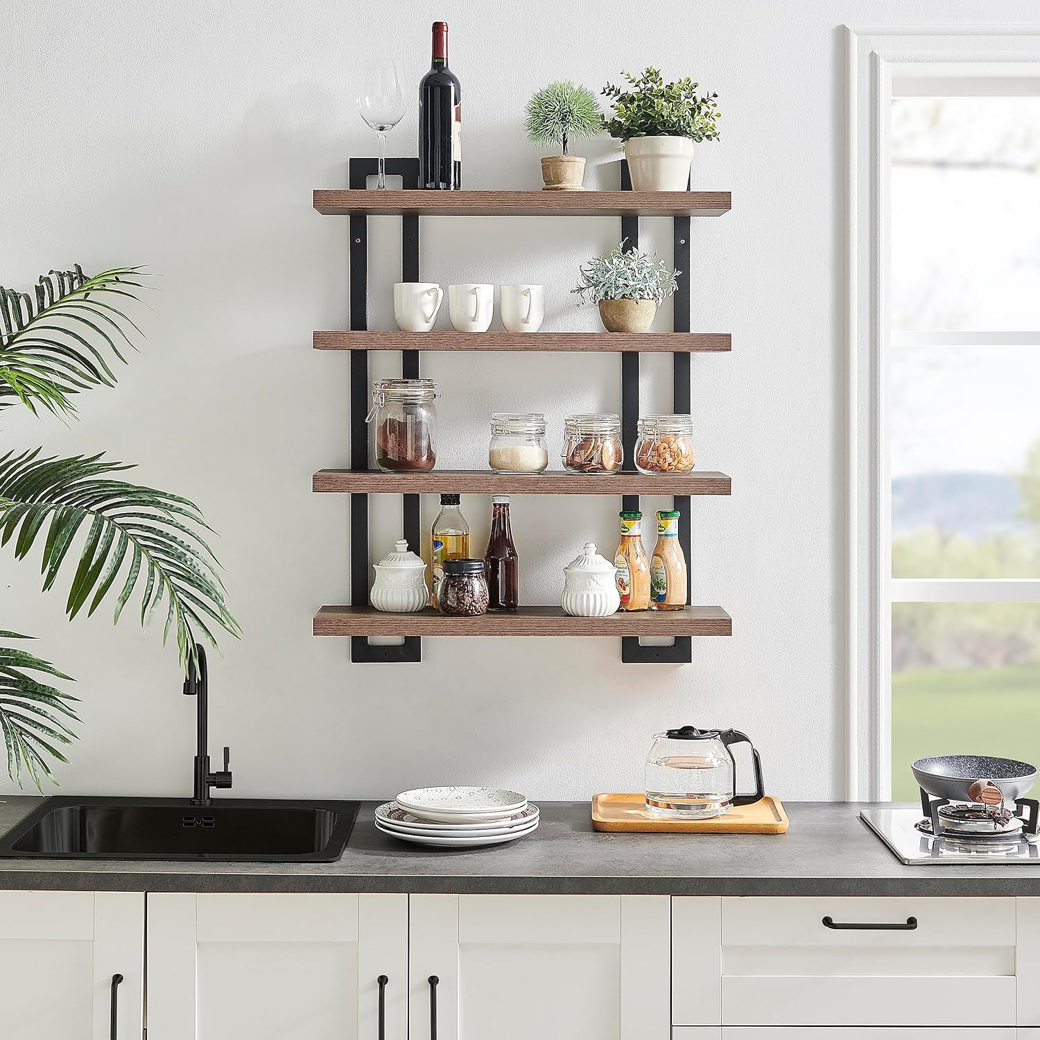 Danya B. 4-Tier Floating Bracket Wall Shelf - Metal and Laminate MDF Finish - Accent Shelving Unit for Displaying Books, Plants, Sculptures, Photos, Art, and Other Decor (Walnut)