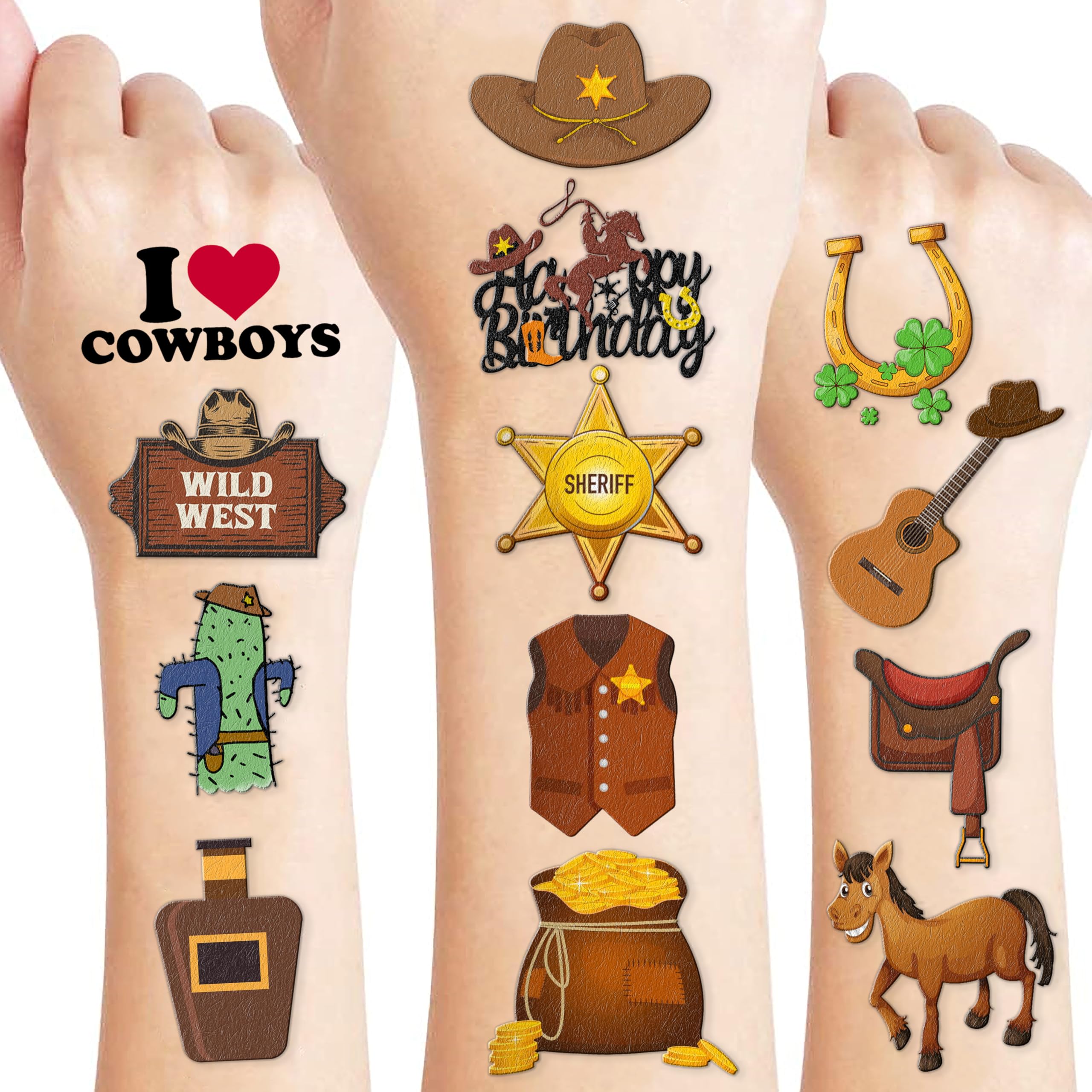 Cowboy First Temporary Tattoos 8 Sheets 78 PCS Western Party Decorations Supplies Favors Horse Rodeo Theme Birthday Cute Stickers Christmas Gifts for