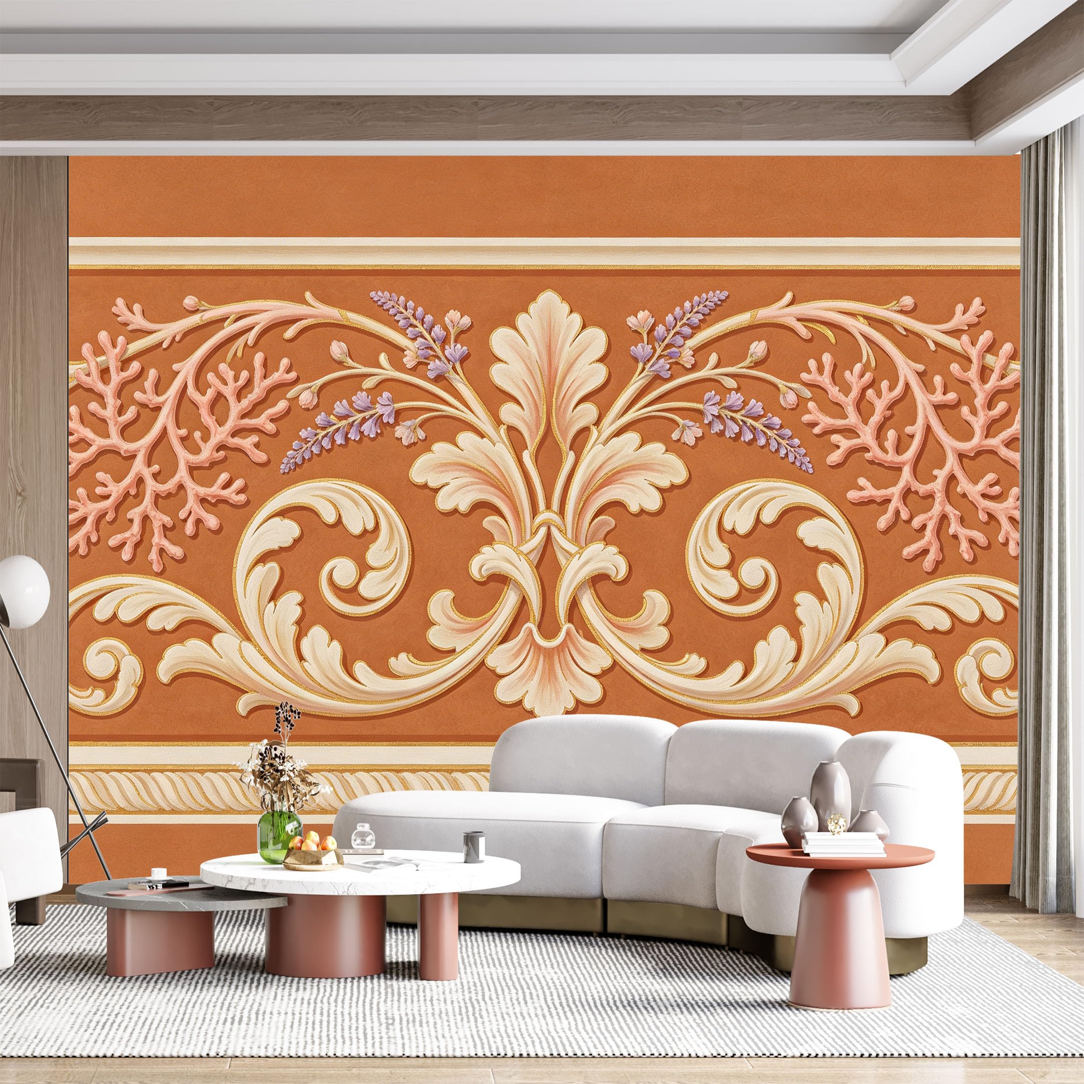 Custom Size Wall Mural Classical Scroll Floral Coral French Baroque SelfAdhesive Wall Fabric Removable for Home Office Decor