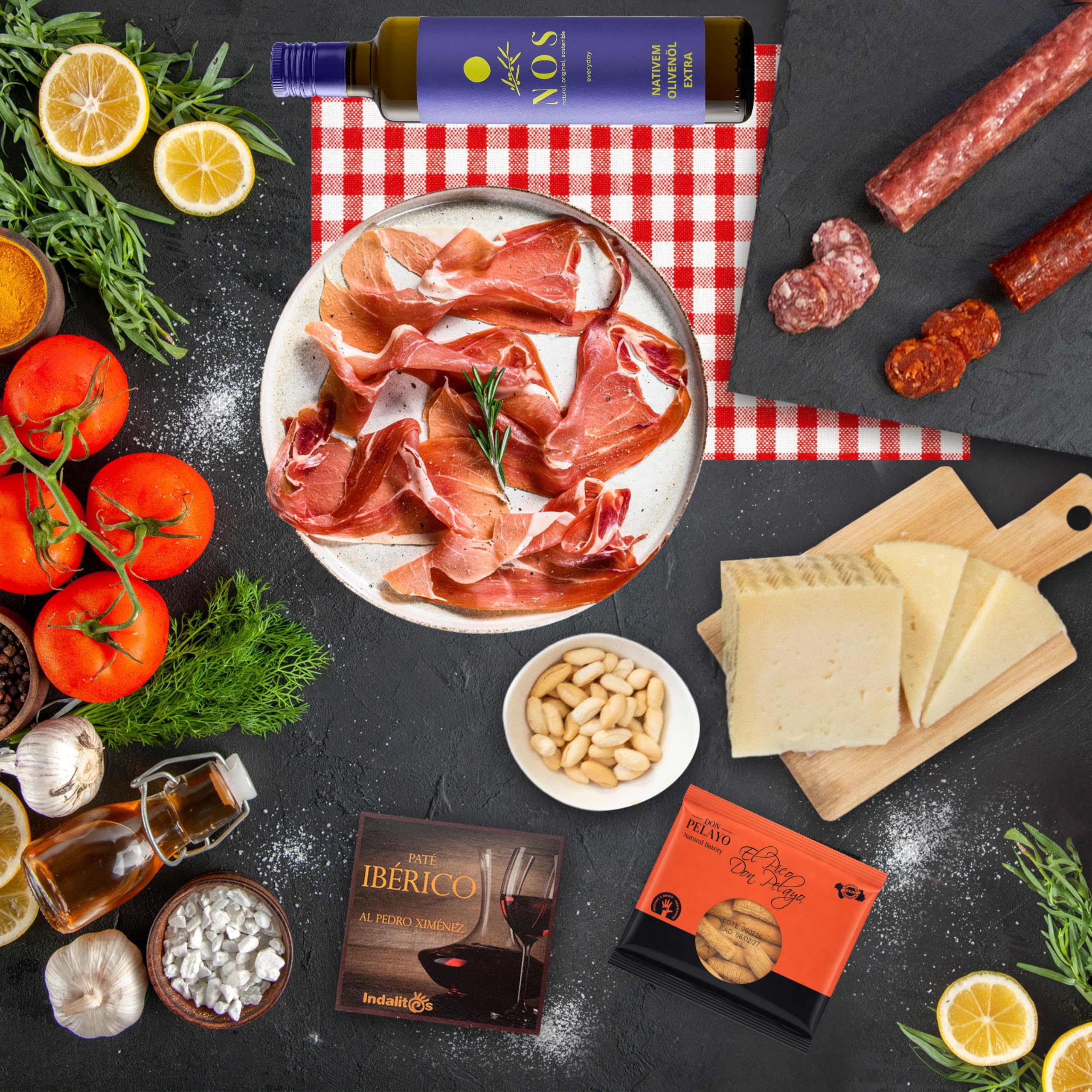 UNIVERSO GOURMET Exklusive Gourmet-Geschenkbox Rotwein g.U. Rioja Natives Olivenöl Extra Iberische Bellota-Wurstwaren Gran Reserva Schinken Schafskäse Geschenkset