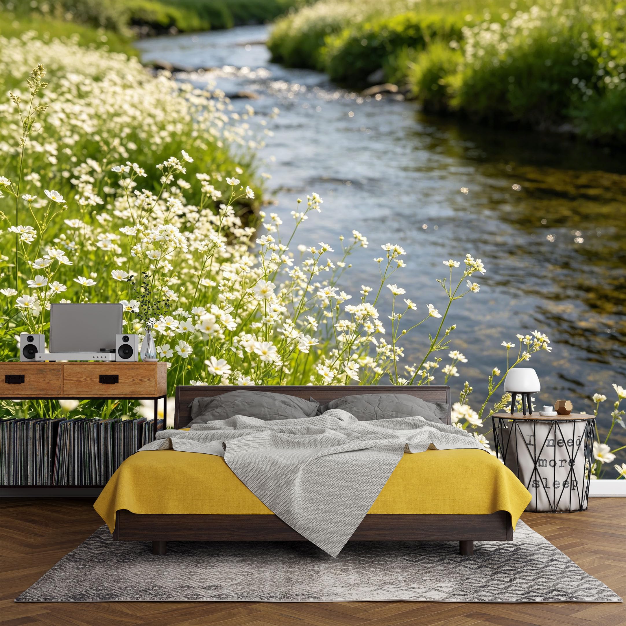 Custom Size Wall Mural， Landscape Wildflower Riverside Meadow Stream Nature Scenery，SelfAdhesive Art Prints wall Fabric (No PVC) Removable Wallpaper Living Room Decor