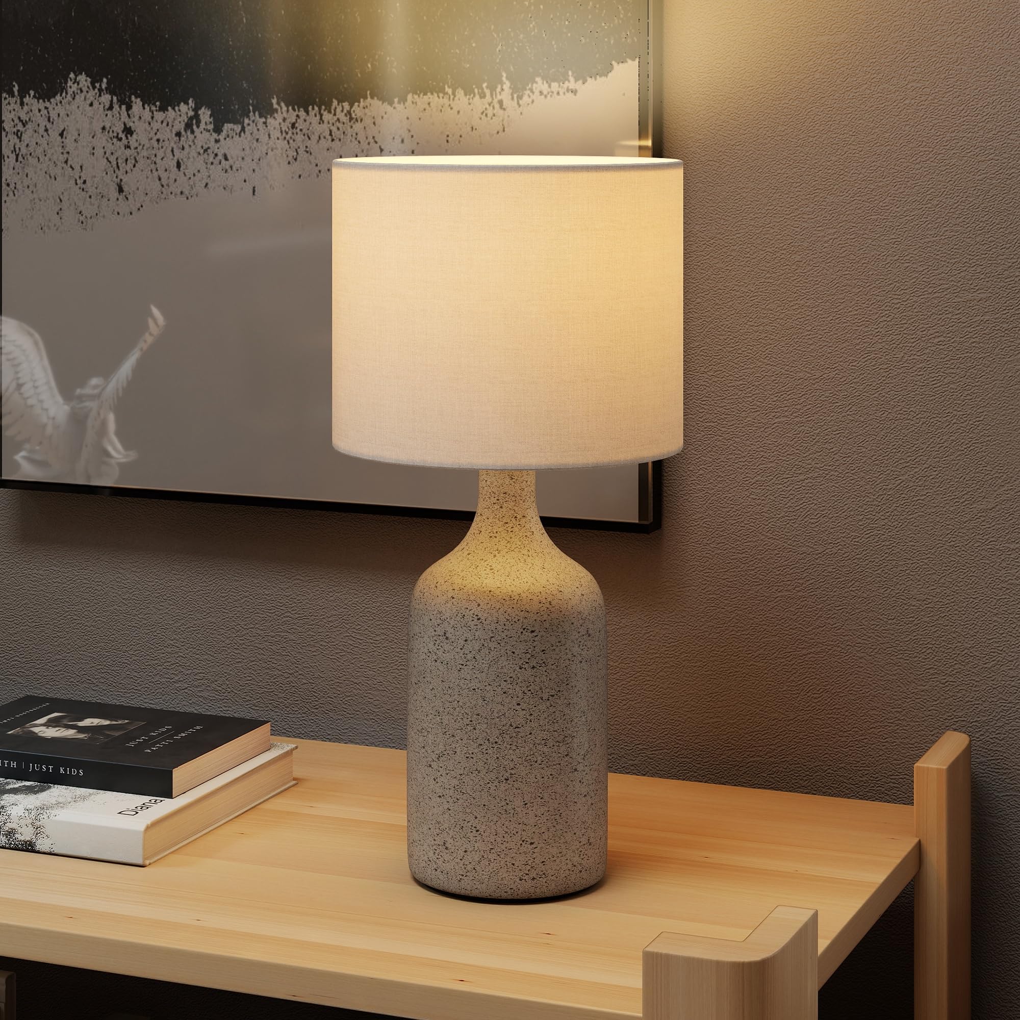 HOMCOM Tischlampe Tischleuchte Vintage Keramiksockel Sandbraun+Weiß | Nachttischlampe, Schreibtischlampe, Leinenschirm, Wippschalter, Leselampe mit E27 Fassung, für Schlafzimmer Wohnzimmer