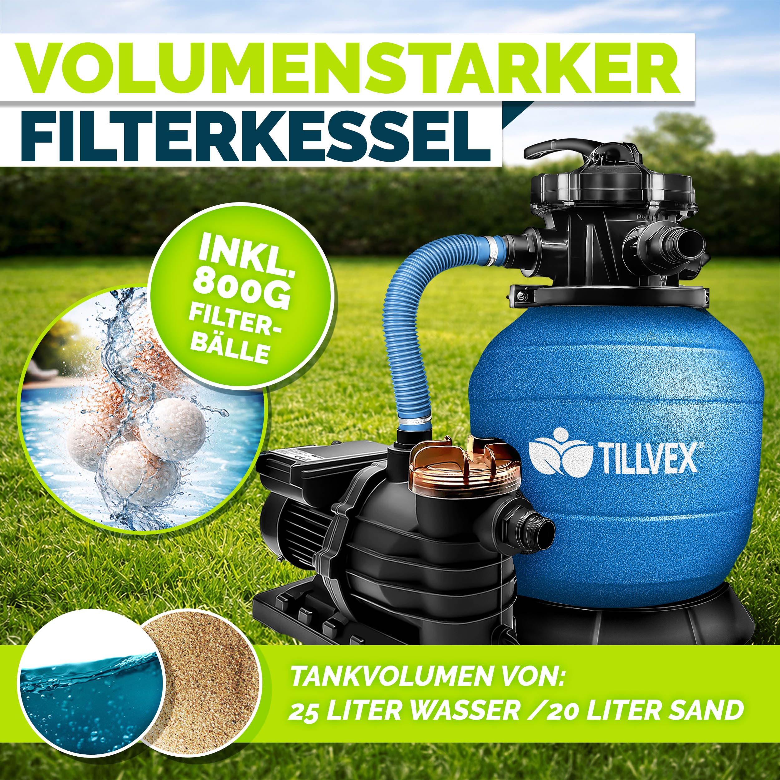 tillvex Sandfilteranlage Pool 10 m³/h inkl. 800g Filterbälle | Filteranlage 7-Wege Ventil & 2in1 Adapter Ø32mm - 38mm | Poolfilter mit Druckanzeige | Sandfilter für Schwimmbecken (Blau)