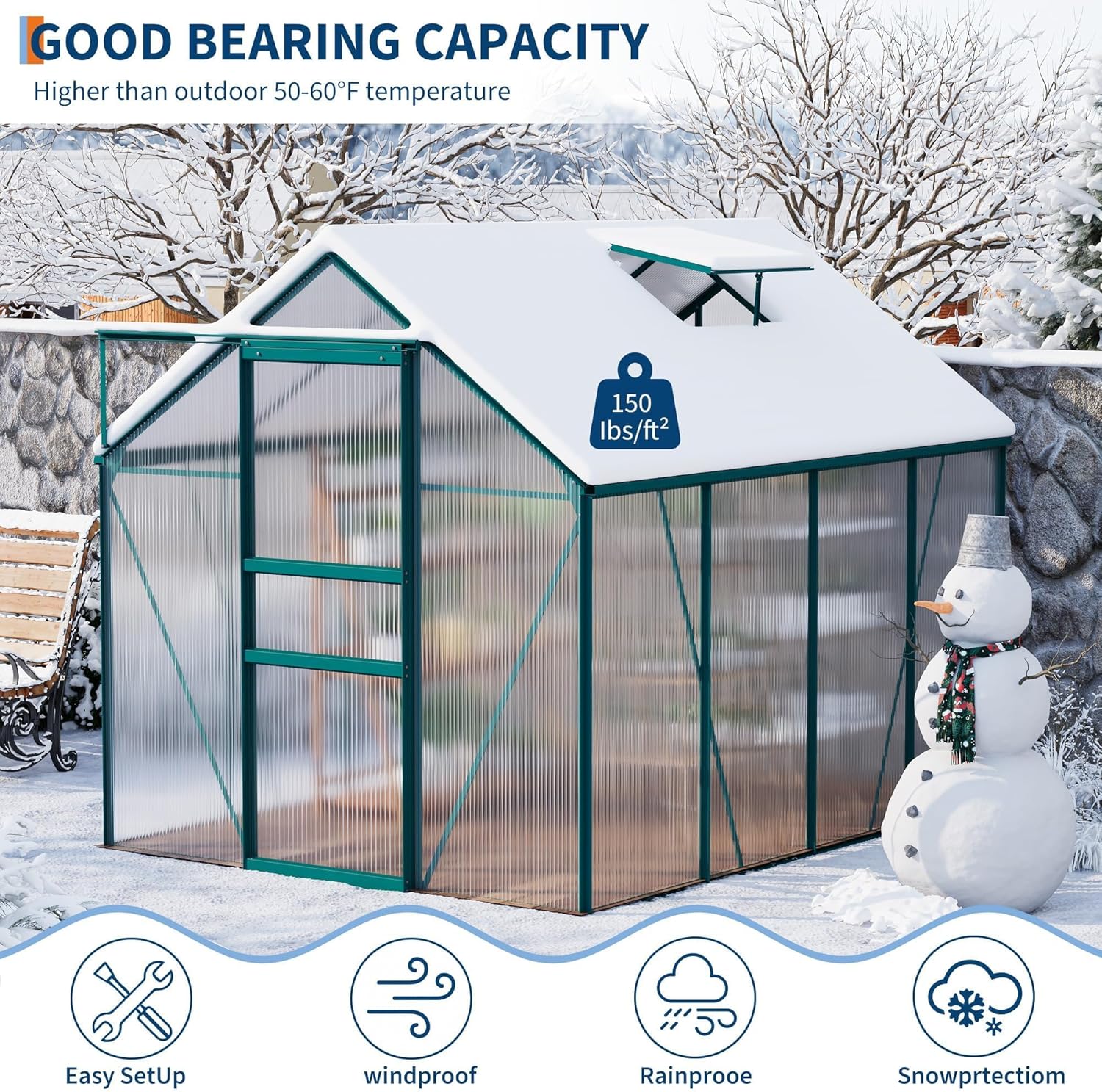 CABIHOME 6x8Ft Greenhouse for Outside, Walk-in Greenhouse with Polycarbonate Panel, Heavy Duty Aluminum Frame Greenhouse, Adjustable Roof Vent & Large Interior, Green House for Backyard & Patio, Green