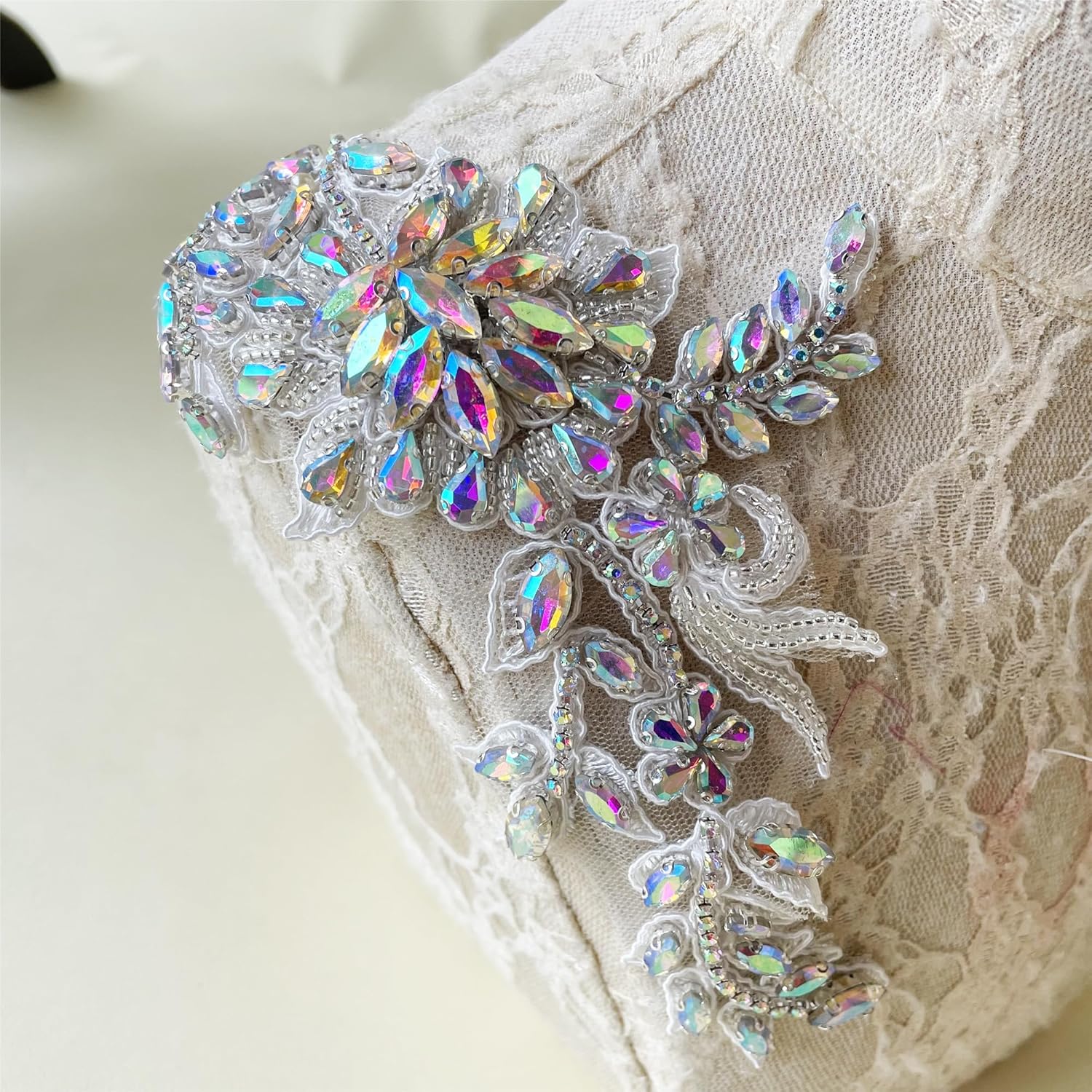 Sparkling Rhinestone Applique Diamante Lace Patch Sewing on Bridal Wedding Ball Girl Dress Gown 1 Pair