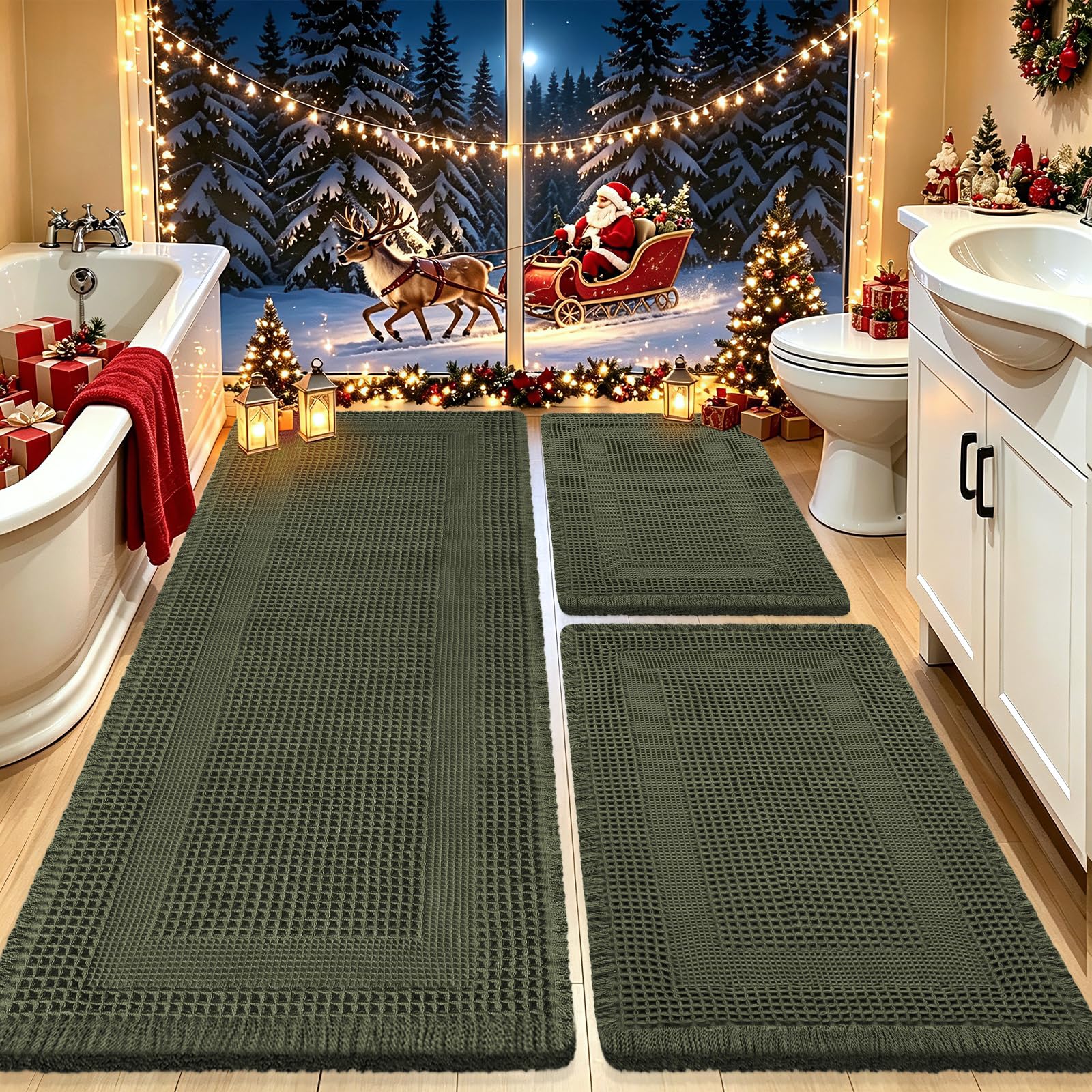 Waffle Bath Mat Set 3 Piece, Boho Woven Modern Bath Rug Absorbent Non Slip, Soft Bathroom Mats, Machine Washable Knit Bath Rugs with Tassels for Bathroom, Bedroom, Kitchen, Shower, Tub, Dark Green