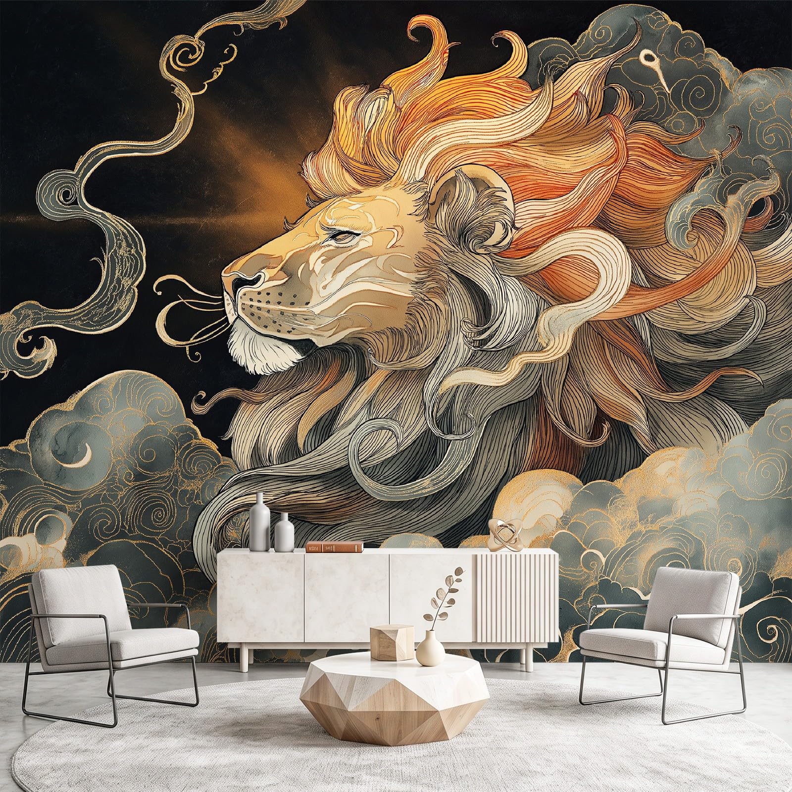 Lion Constellation Swirl Fototapeta z włókniny, fantazyjna tapeta pokrycie ścienne musztardowy żółty do nauki, 250 x 175 cm, sztuka ścienna, salon, sypialnia, dom, biuro, dekoracja plakat