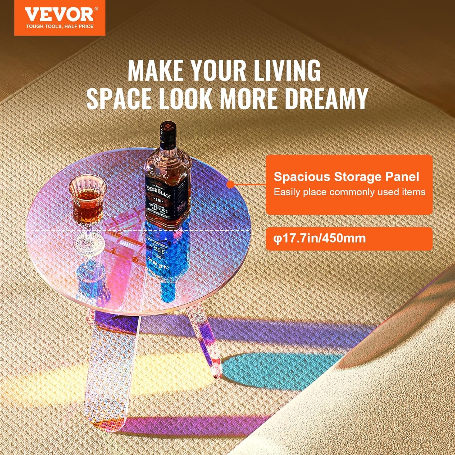 VEVOR Round Iridescent Side Table, Acrylic End Table, Clear Rainbow Acrylic Coffee Table for Drink, Food, Snack Used in Living Room, Bedroom, and Study