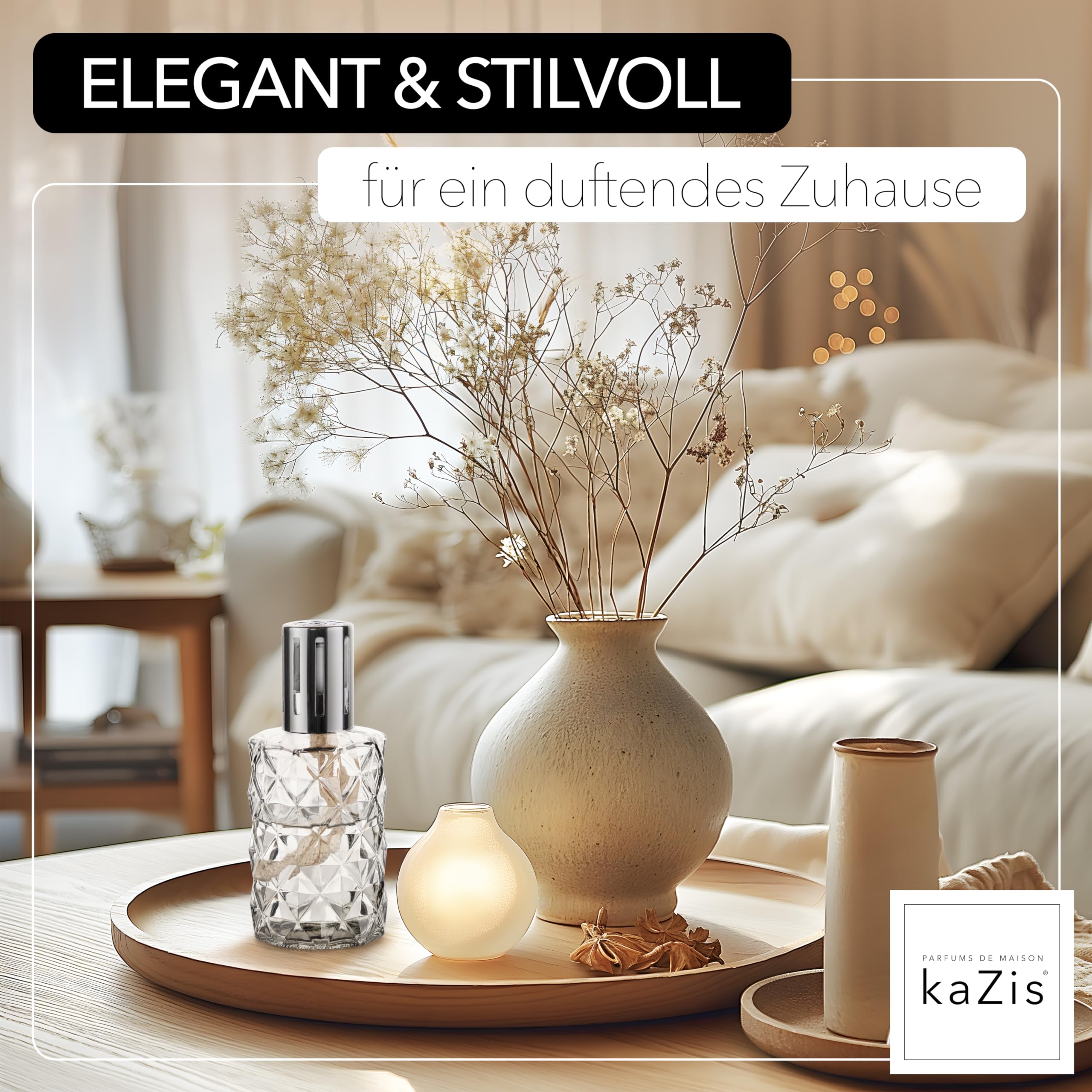 KAZIS® I Katalytische Lampe I Duftlampe I Glas I XXL I 400 ml Inhalt I graue Rauten