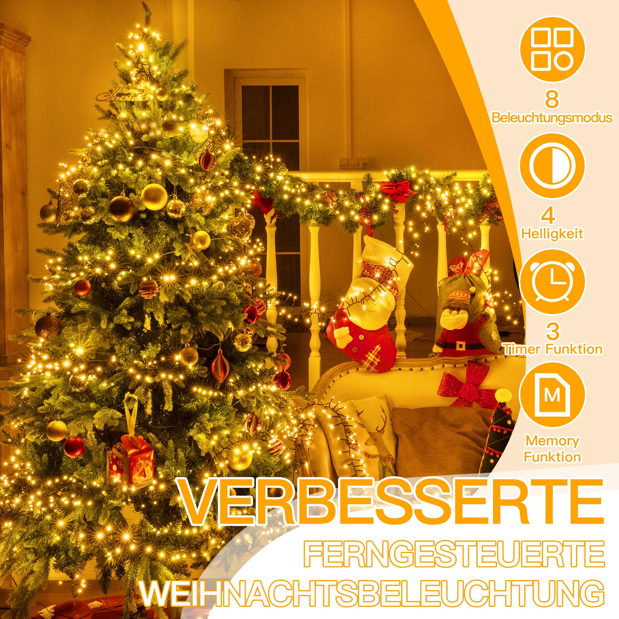 Ollny Catena Luminosa di Natale 1000 LED 15m, Luci Stringa Fata luce Impermeabile con 8 modelli di illuminazione per Interno ed Esterno, Feste, Matrimoni, Albero y Giardino Decorazioni, Bianco caldo
