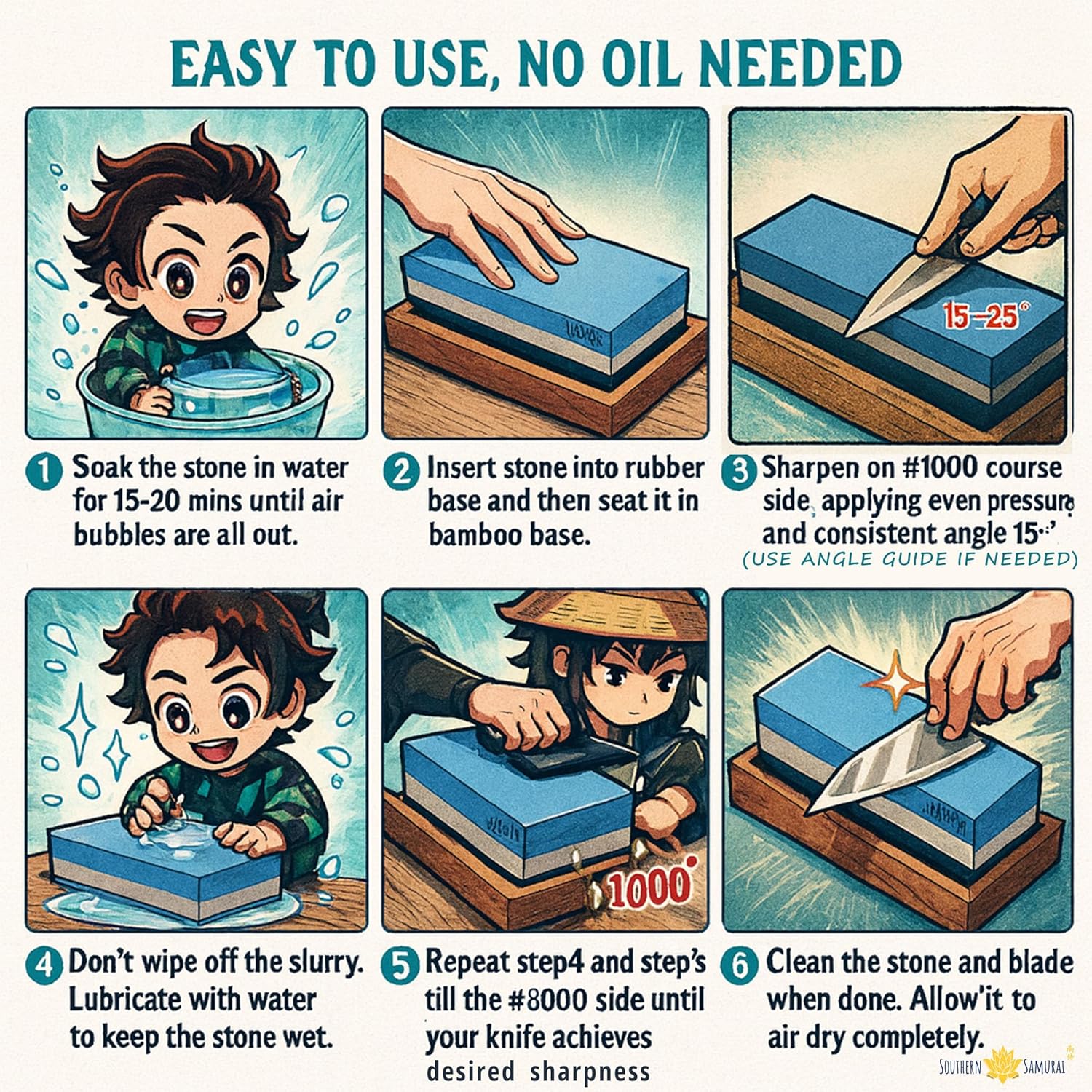 Sharpening Stone Set 400/1000 3000/8000 Grit – Dual Grit Whetstone Knife Sharpening Kit with Angle Guide & Non-Slip Bamboo Base by Southern Samurai