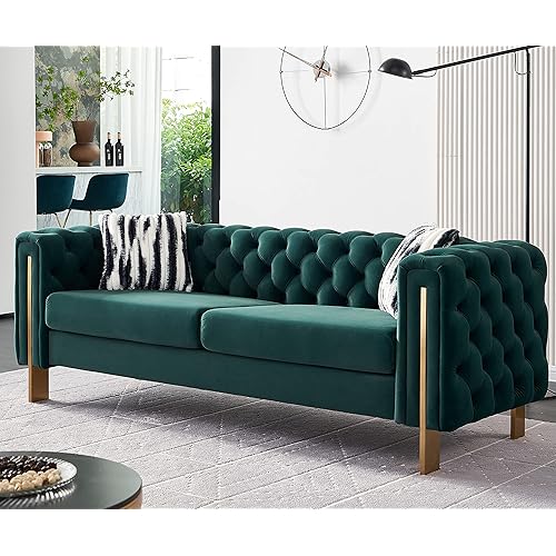 Melpomene Modern Button Tufted Velvet Sofa, Chesterfield Sofa with Square Arm, Gold Metal Legs and 2 Throw Pillows for Living Room(Green)